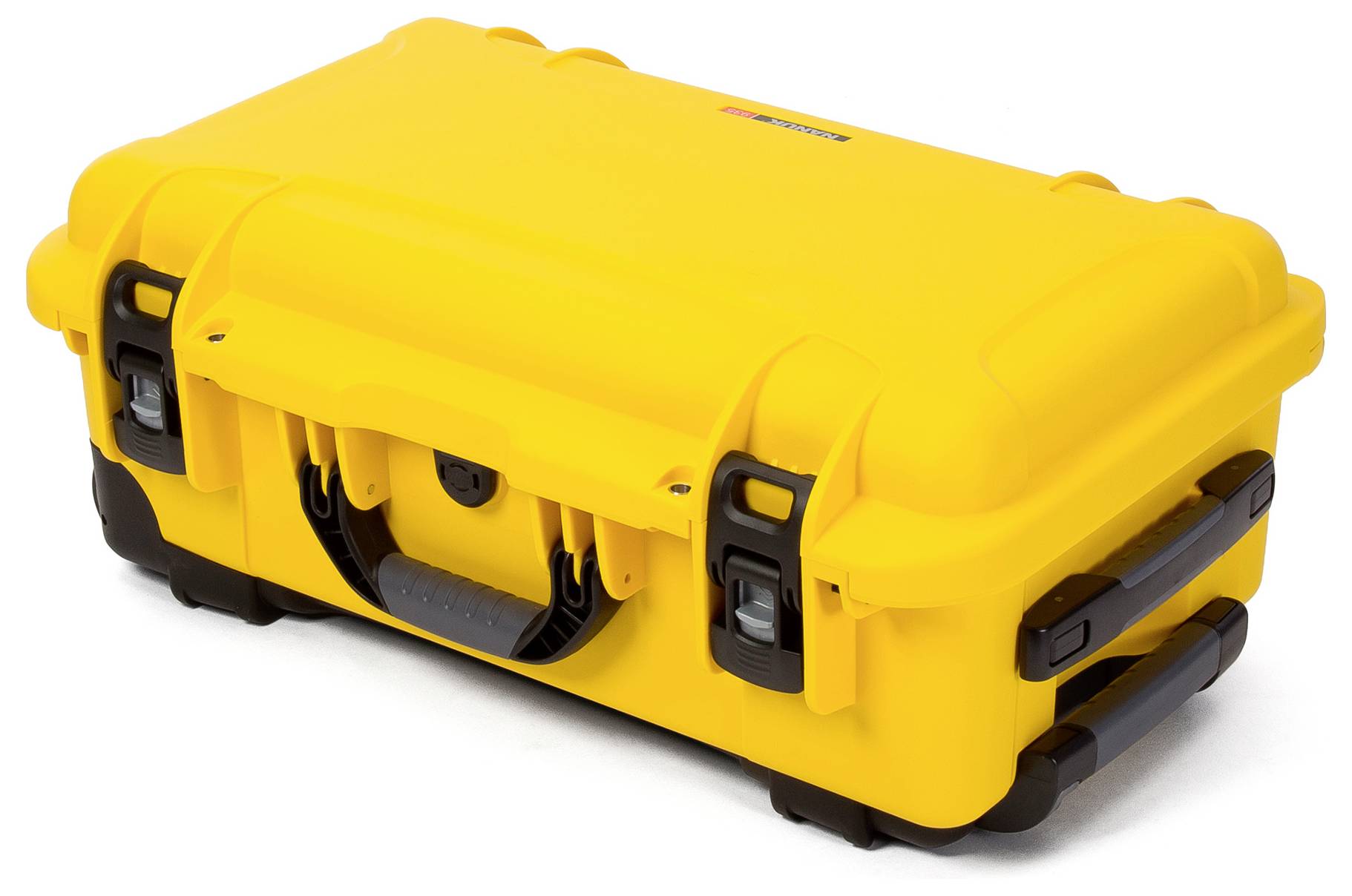 Gelber, robuster Schutzkoffer mit schwarzem Griff und Verschlüssen, ideal für den Transport empfindlicher Ausrüstung.