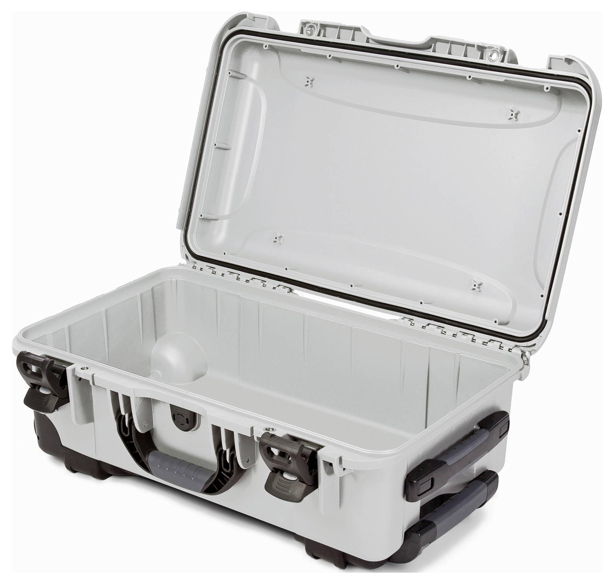 Grauer, offener Schutzkoffer mit robustem Design und schwerem Verschlussmechanismus, geeignet zur sicheren Aufbewahrung.