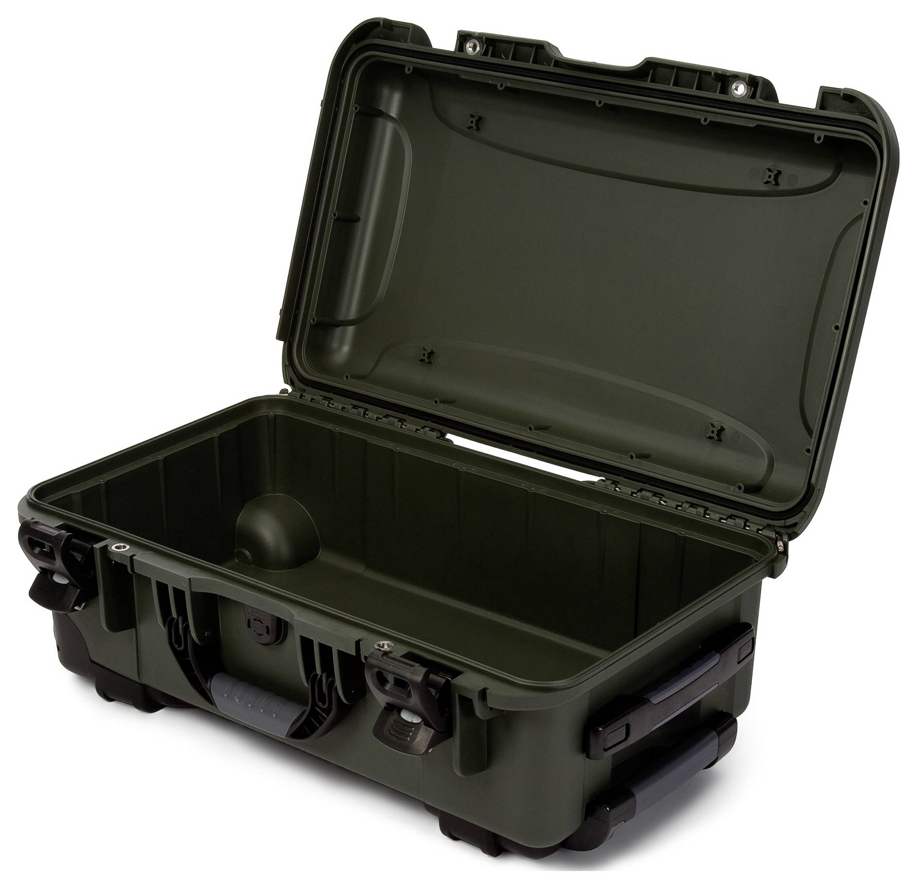 Geöffneter, robuster schwarzer Transportkoffer mit Schaumstoffpolsterung, geeignet für sicheren Transport empfindlicher Geräte.