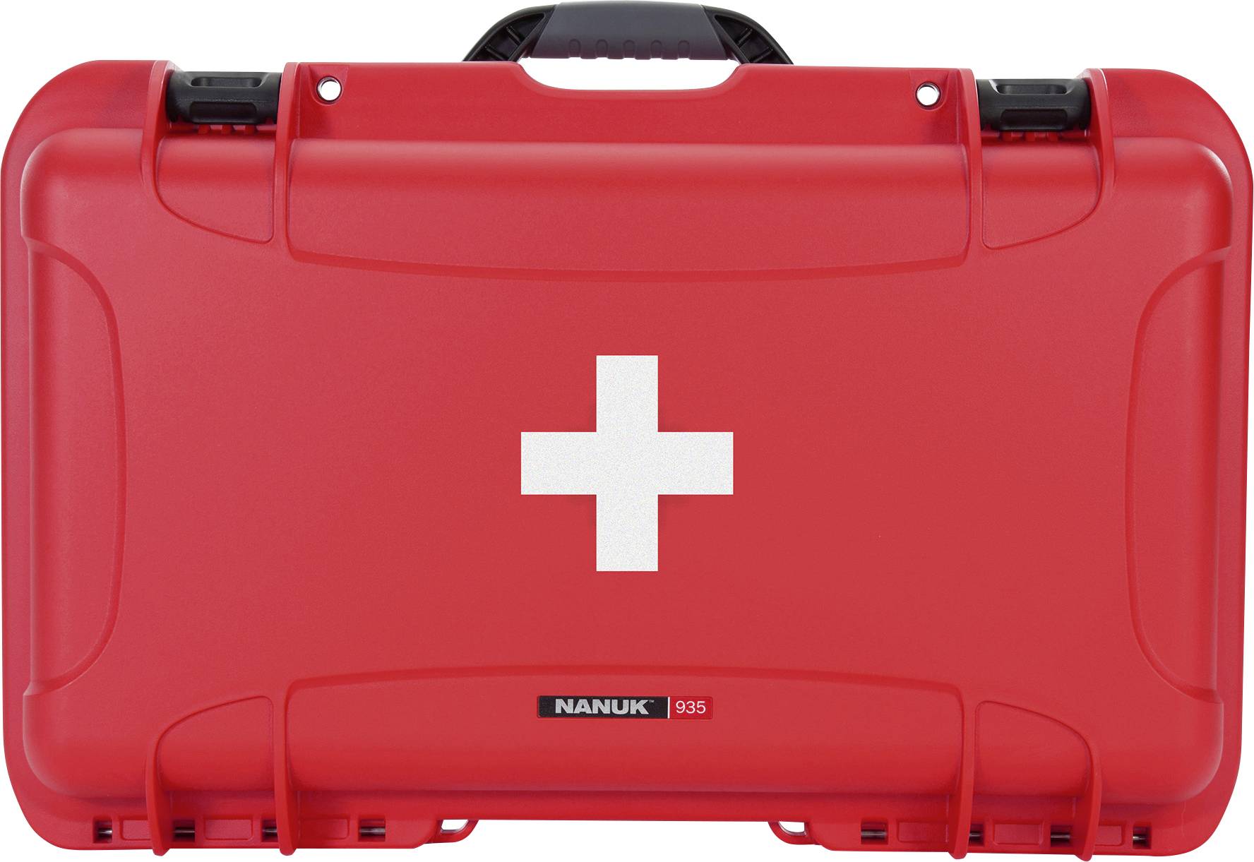 Roter Erste-Hilfe-Koffer mit weißem Kreuz auf der Vorderseite.