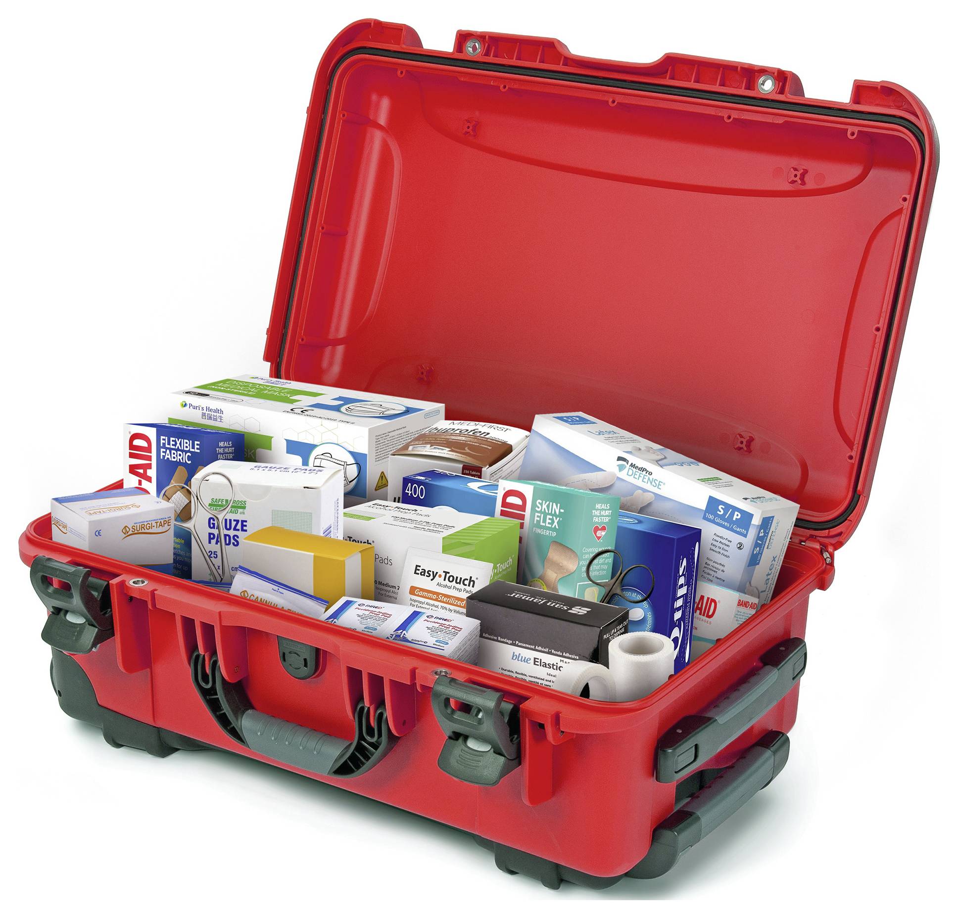 Ein roter Erste-Hilfe-Kasten ist geöffnet und zeigt verschiedene medizinische Produkte wie Pflaster, Bandagen und Sprays.