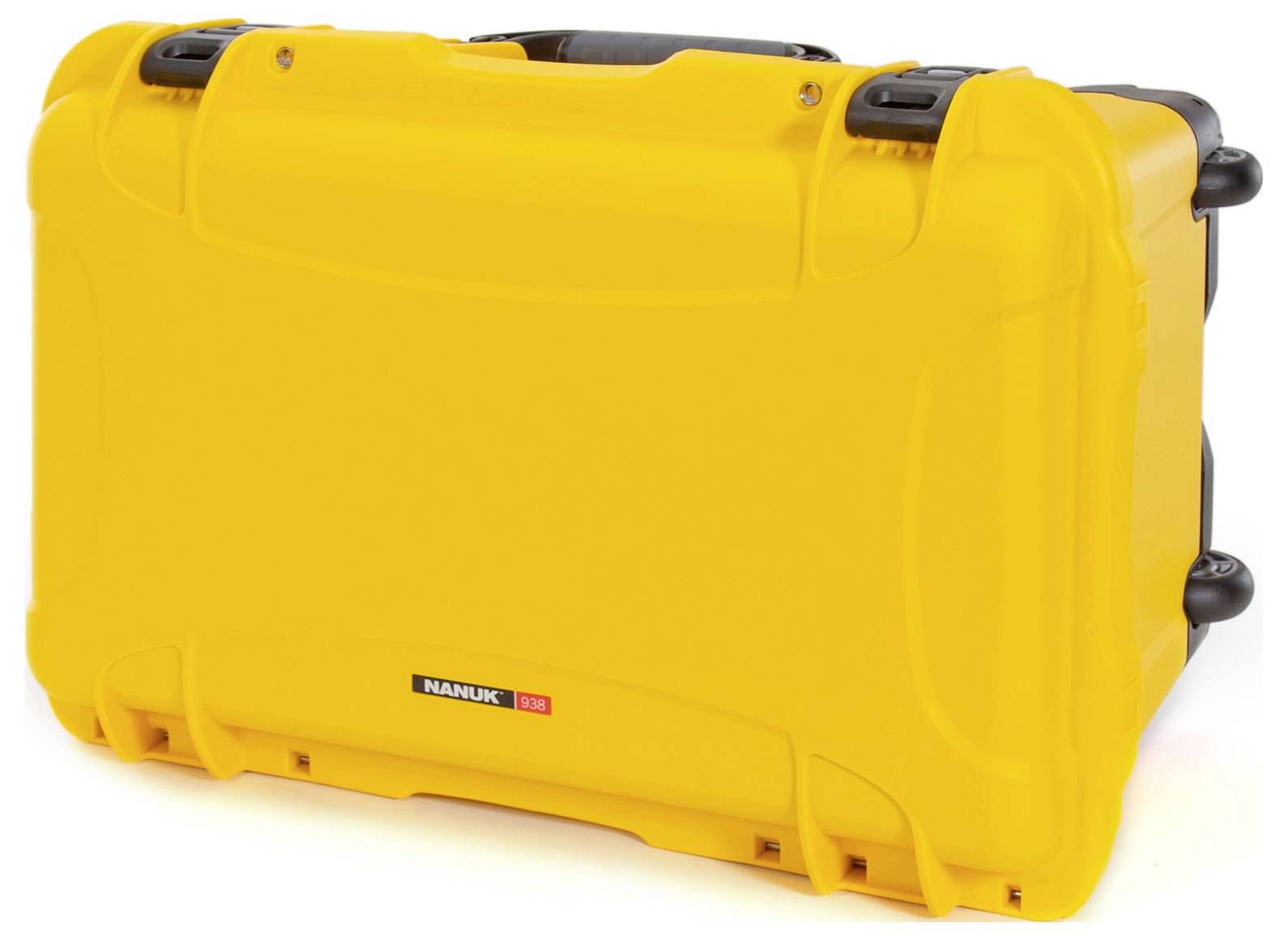 Ein gelber, robuster Koffer mit schwarzem Griff und Verschlüssen.