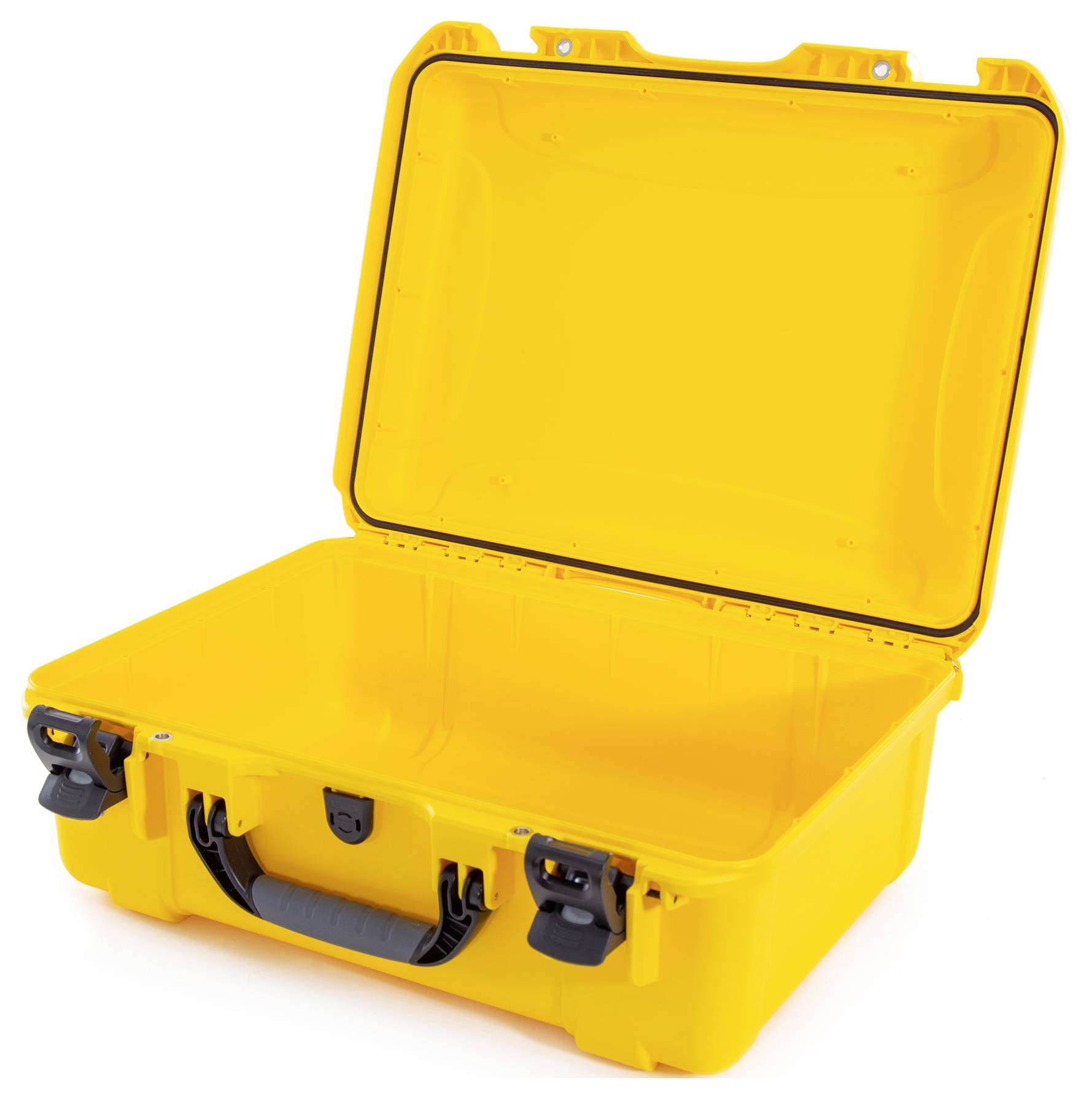 Gelber, offener Koffer mit stabilem Griff, bereit für Aufbewahrung oder Transport von Gegenständen.