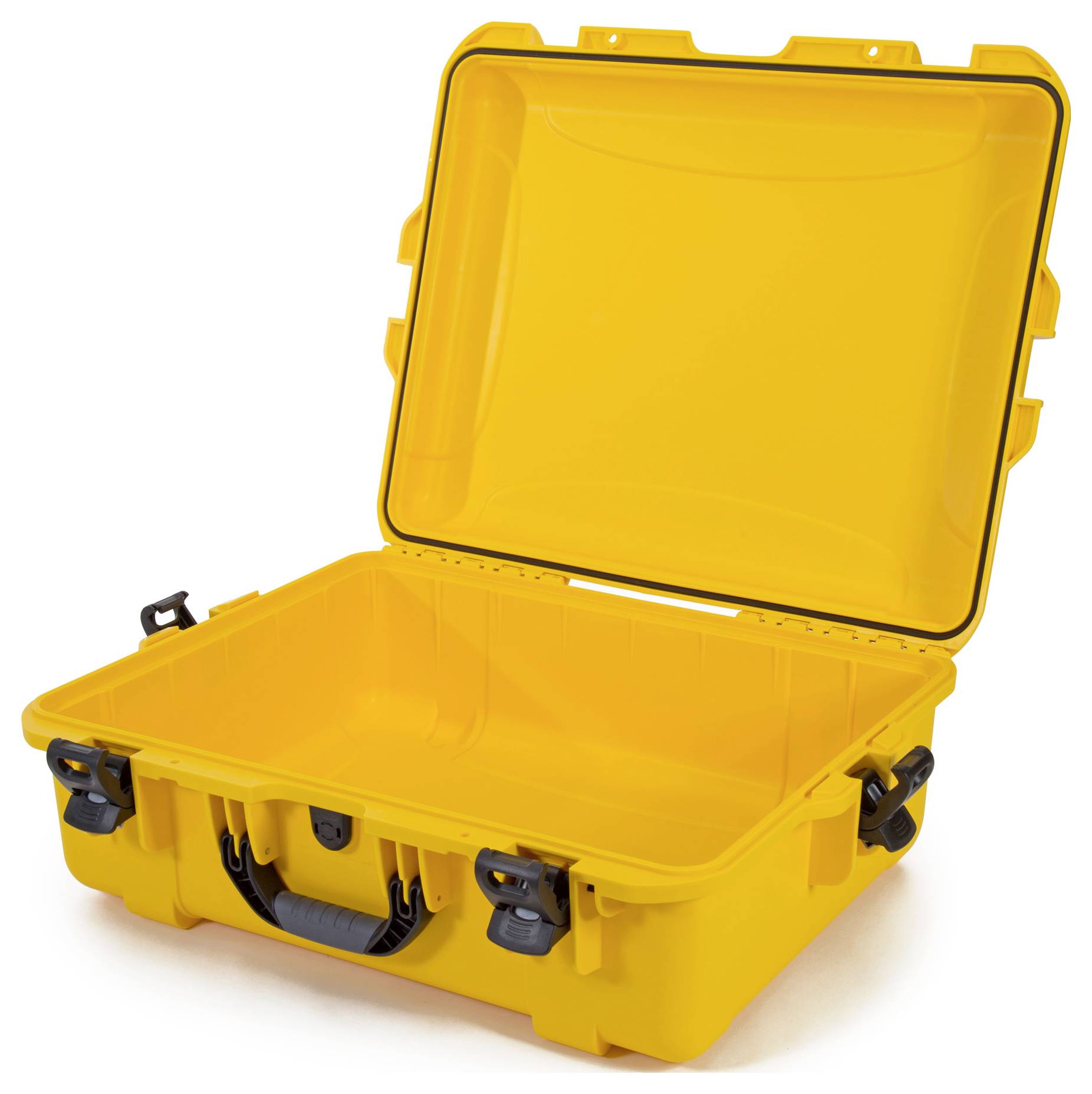 Gelber, offener Hartschalenkoffer mit robustem Design und schwarzem Griff, geeignet für den sicheren Transport empfindlicher Gegenstände.