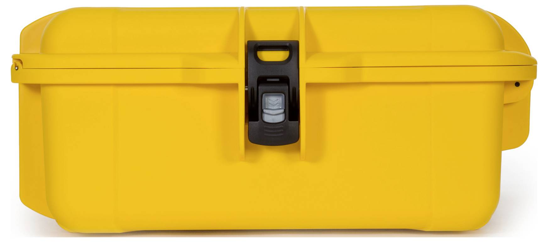 Gelber, robuster Koffer mit schwarzem Verschluss in der Mitte, geeignet für den sicheren Transport empfindlicher Gegenstände.