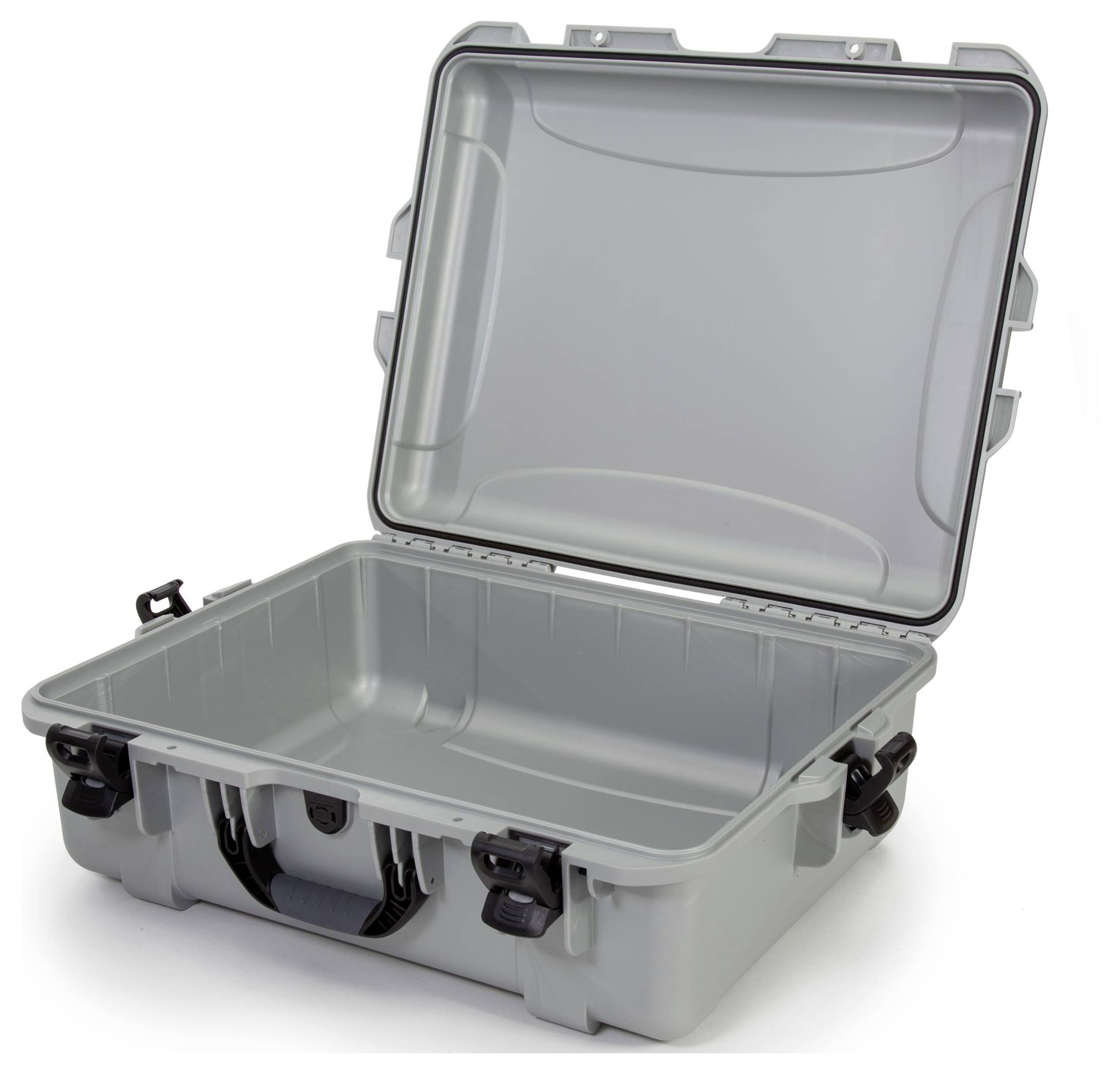 Grauer, offener Kunststoffkoffer mit robustem Design. Verfügt über sichere Schnappverschlüsse. Geeignet zur Aufbewahrung und Transport.
