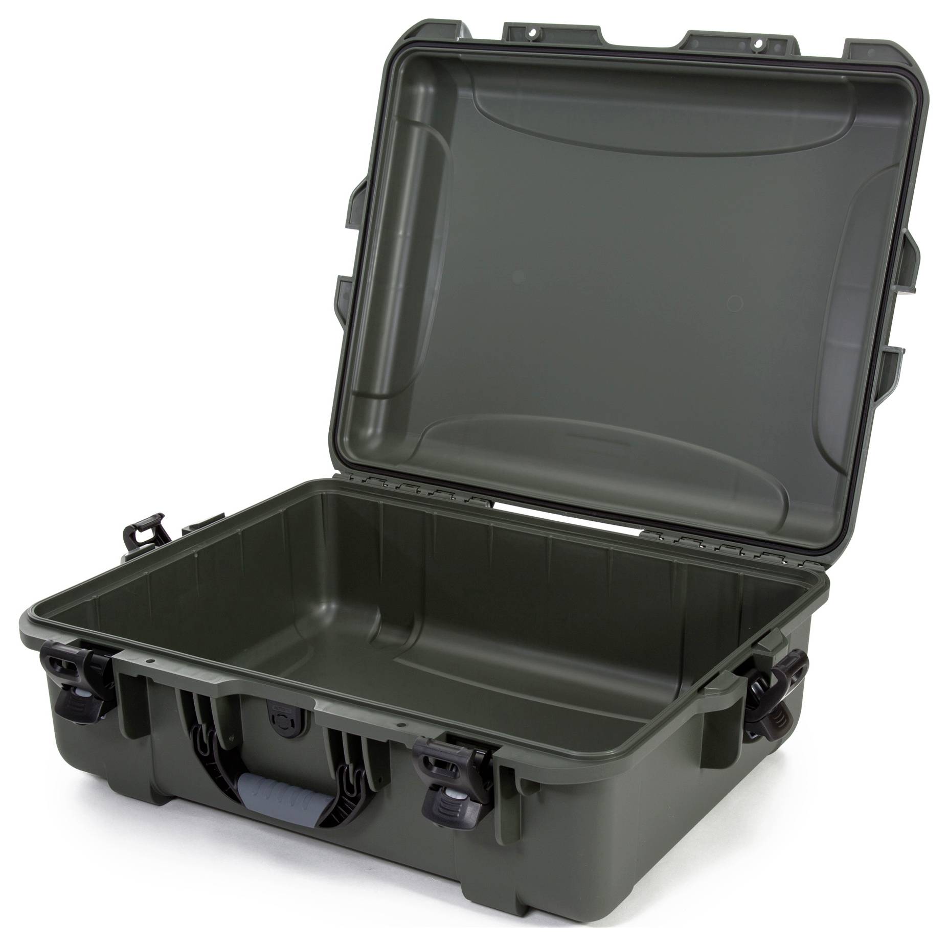 Geöffneter, leerer, stabiler schwarzer Kunststoffkoffer mit Scharnieren und Verschlüssen, geeignet zum sicheren Transport von Gegenständen.