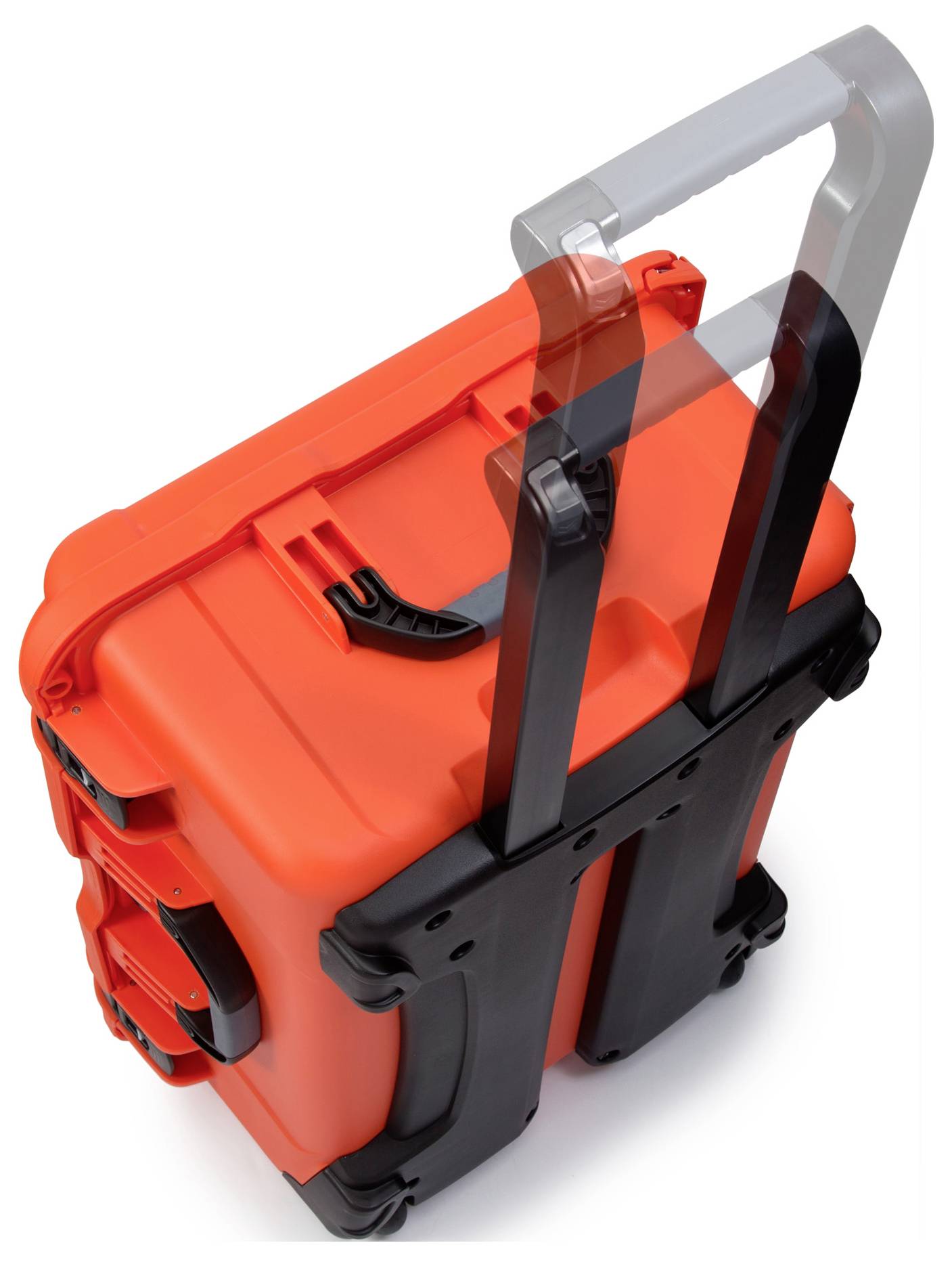 Ein stabiler, orangefarbener Werkzeugkoffer mit schwarzem Griff und Rädern, geeignet zum Transportieren von schweren Werkzeugen.