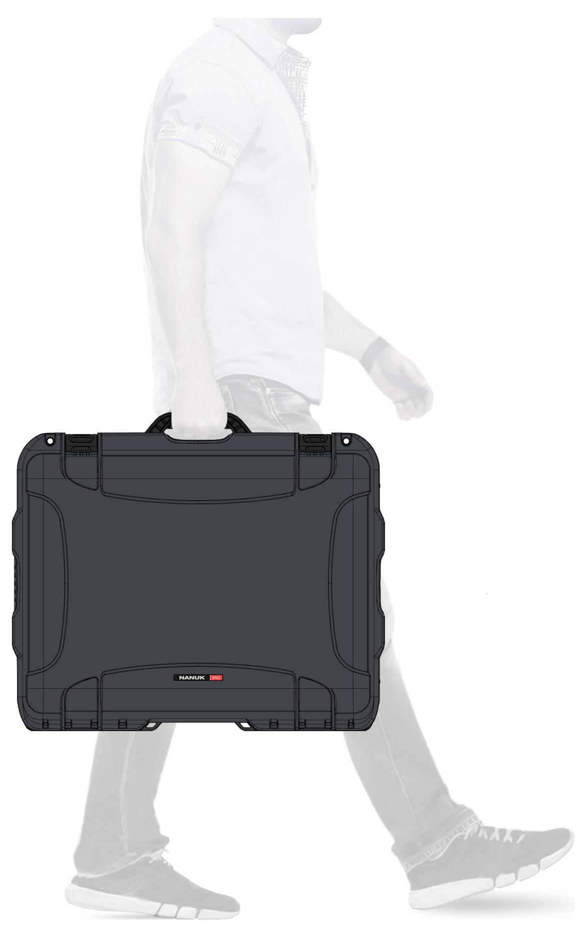 Person trägt einen schwarzen Koffer mit festem Griff in der Hand, während er läuft. Der Koffer hat abgerundete Ecken und ist robust.