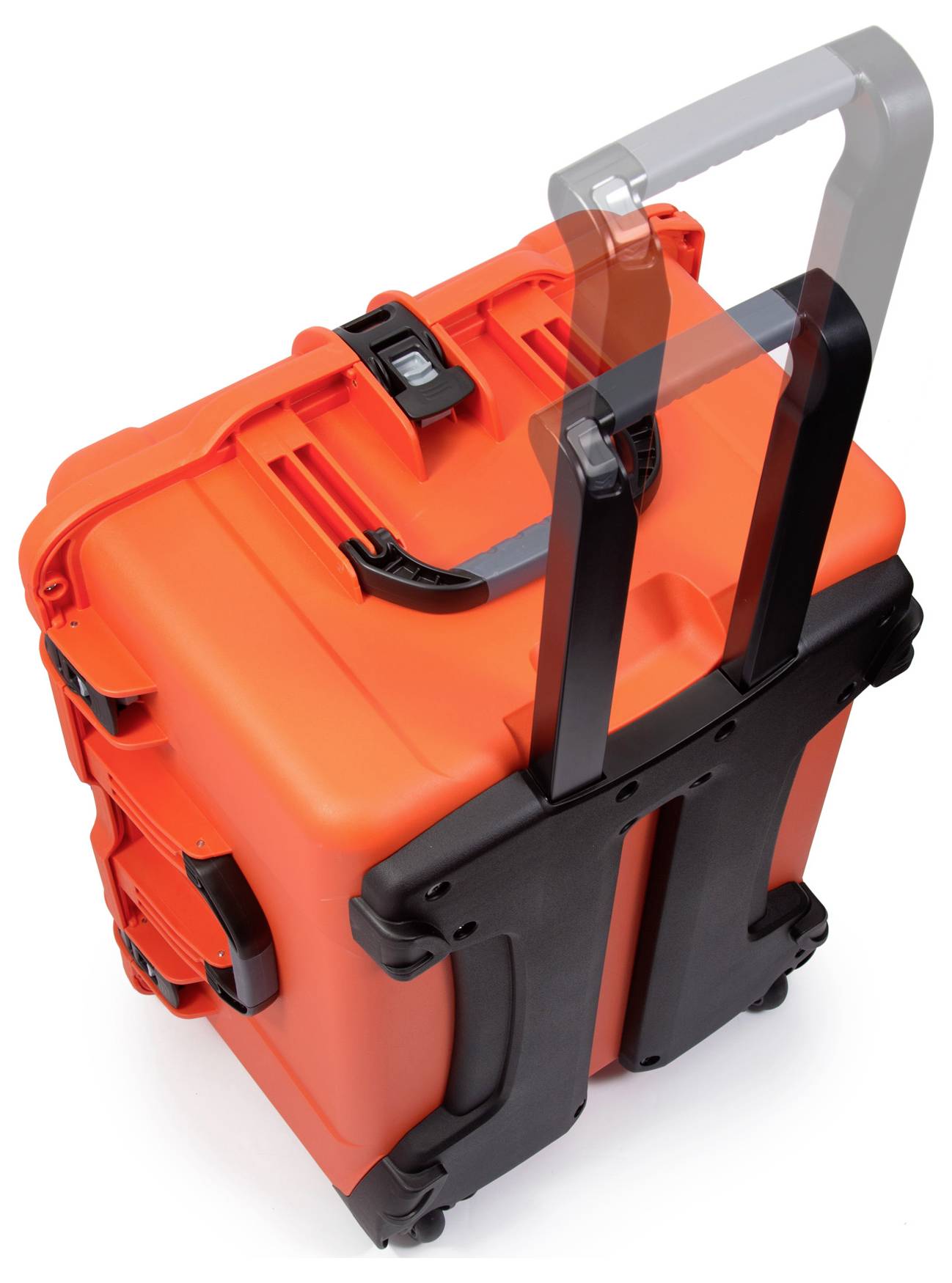 Roter Hartschalenkoffer mit ausziehbarem Griff und Rollen, geeignet für den Transport schwerer Gegenstände.