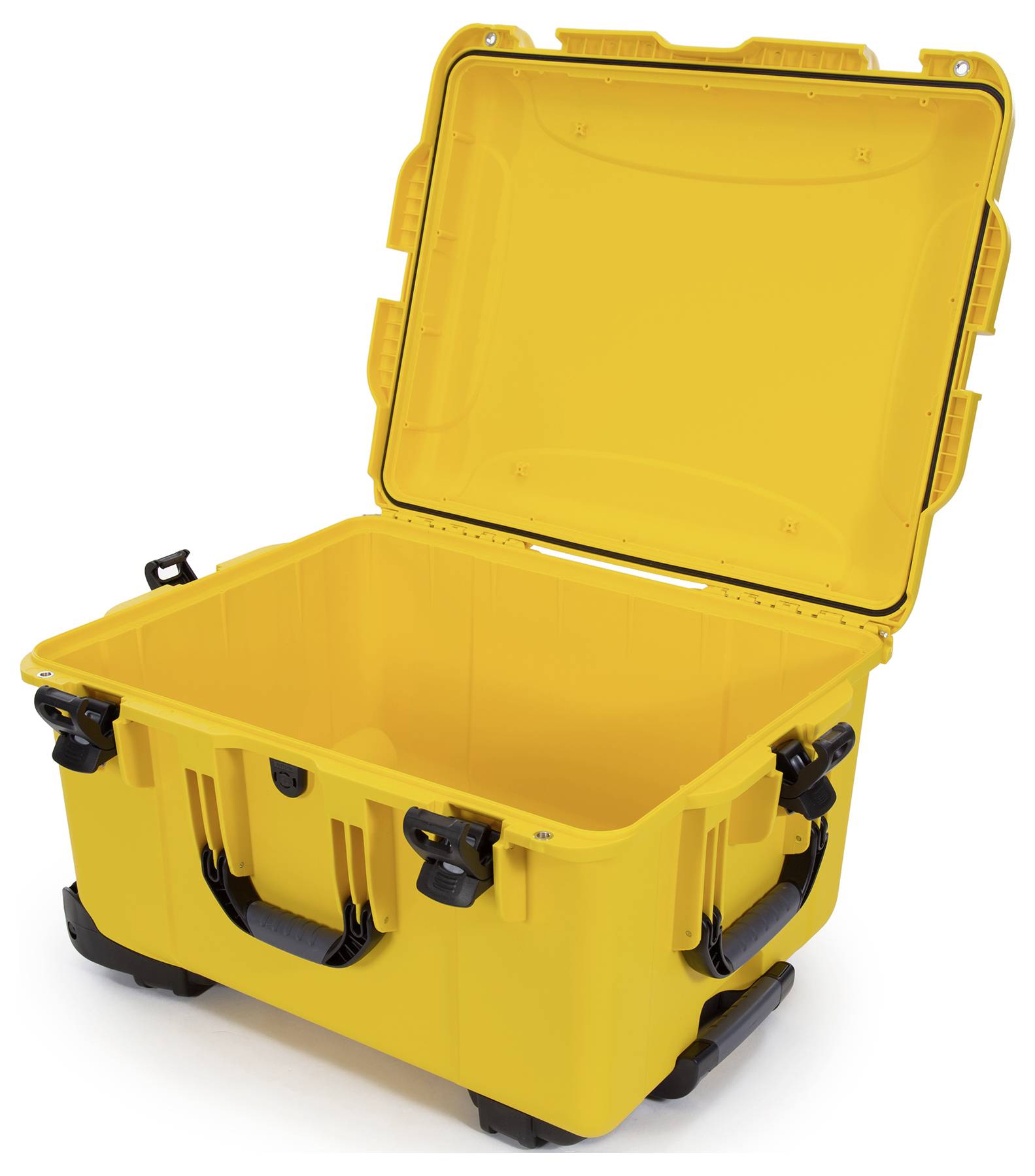 Gelber, offener Hartschalenkoffer mit Griffen und Schnallen, geeignet für den sicheren Transport empfindlicher Gegenstände.