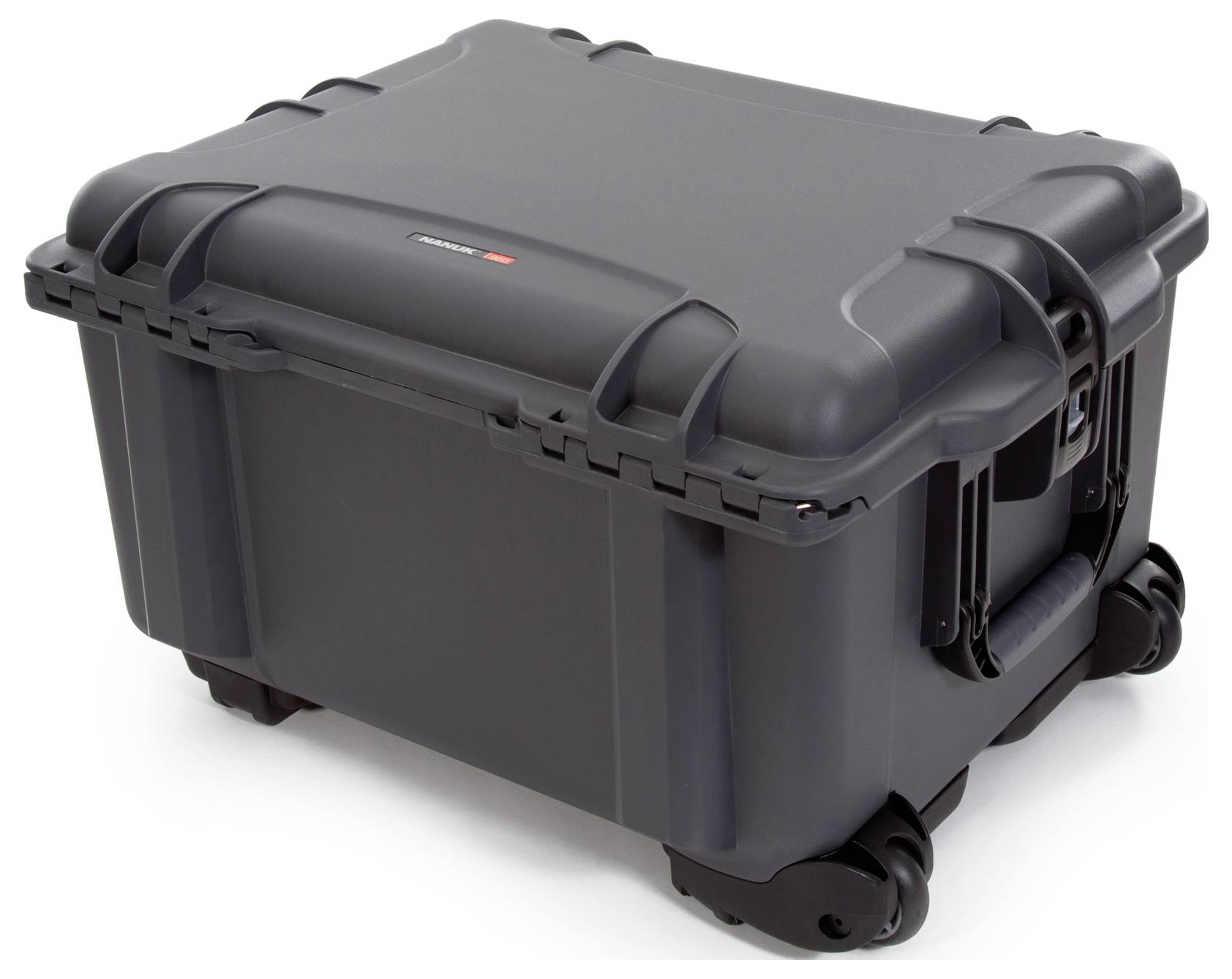 Ein robuster, schwarzer Transportkoffer mit Rädern und Griffen, geeignet zum sicheren Transport von empfindlichen Gegenständen.