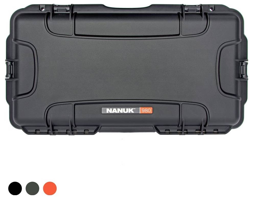 'Nanuk 980'-Schutzhülle in Schwarz. Solider, wasserdichter Koffer für Schutz und Transport. Farben zur Auswahl: Schwarz, Grau, Orange.
