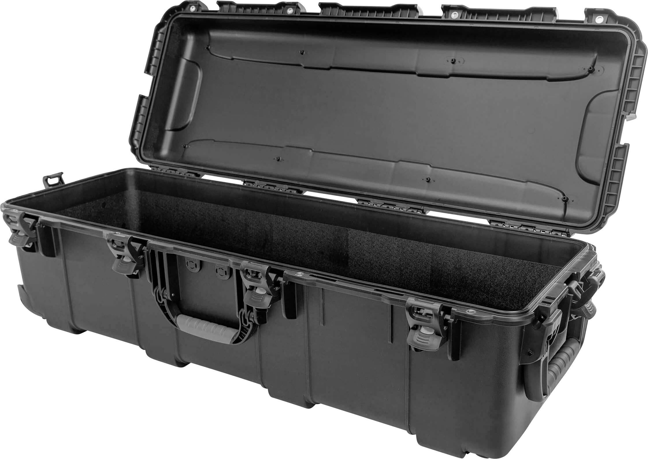 Schwarzer, offener Hartschalenkoffer mit robustem Griff, geeignet für den sicheren Transport empfindlicher Gegenstände und Ausrüstung.