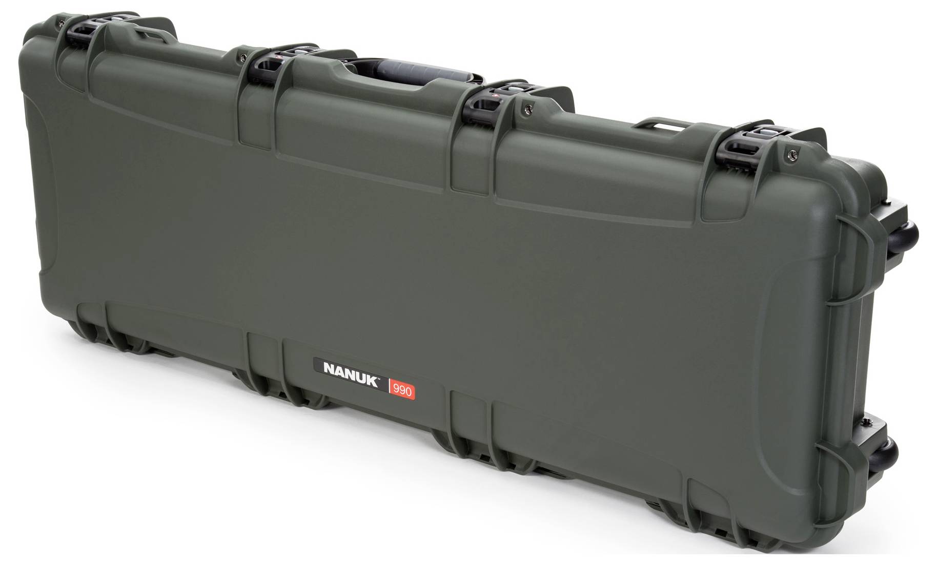Großer, robuster, olivgrüner Schutzkoffer mit mehreren Verschlüssen und Griff, geeignet für Transport und sicheren Schutz empfindlicher Ausrüstung.