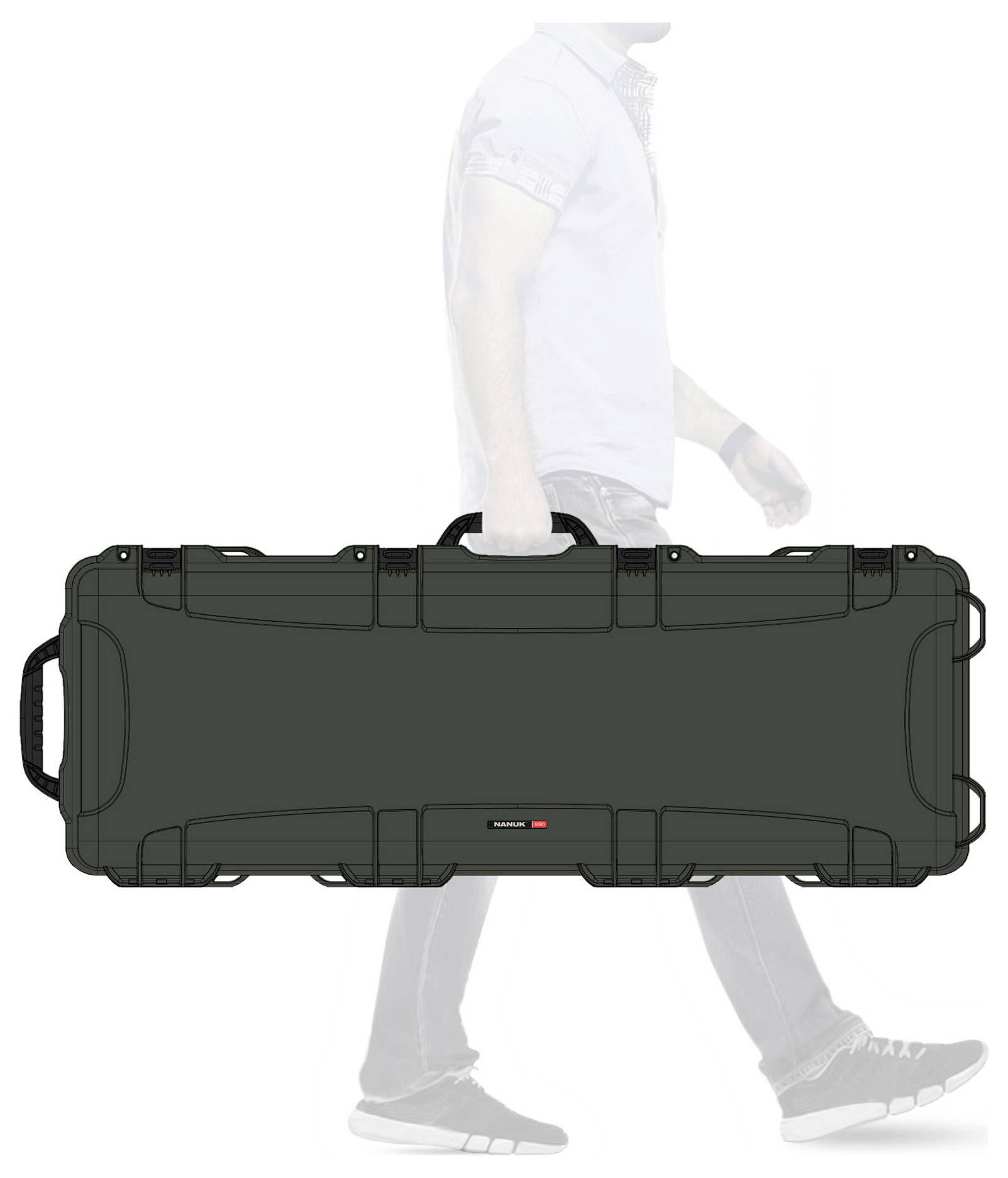 Eine Person trägt einen großen, rechteckigen schwarzen Koffer mit Griffen. Der Koffer ist robust und für das Tragen geeignet.