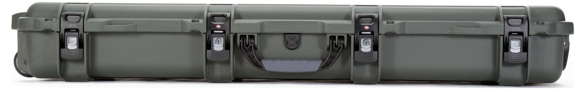 Langer, grüner Hartschalenkoffer mit schwarzem Griff und Schnallen. Geeignet für den sicheren Transport von empfindlichen Gegenständen.