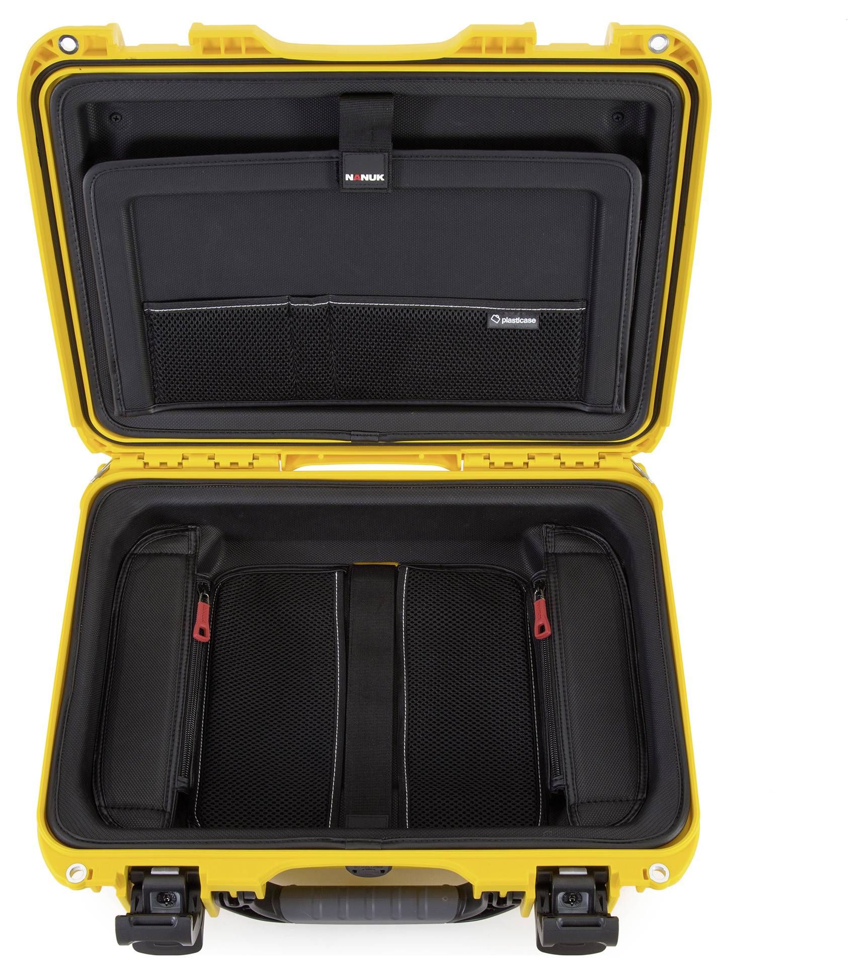 Gelber Hartschalenkoffer, geöffnet, mit schwarzen Fächern und Netzen im Inneren zur sicheren Aufbewahrung von Geräten oder Dokumenten.