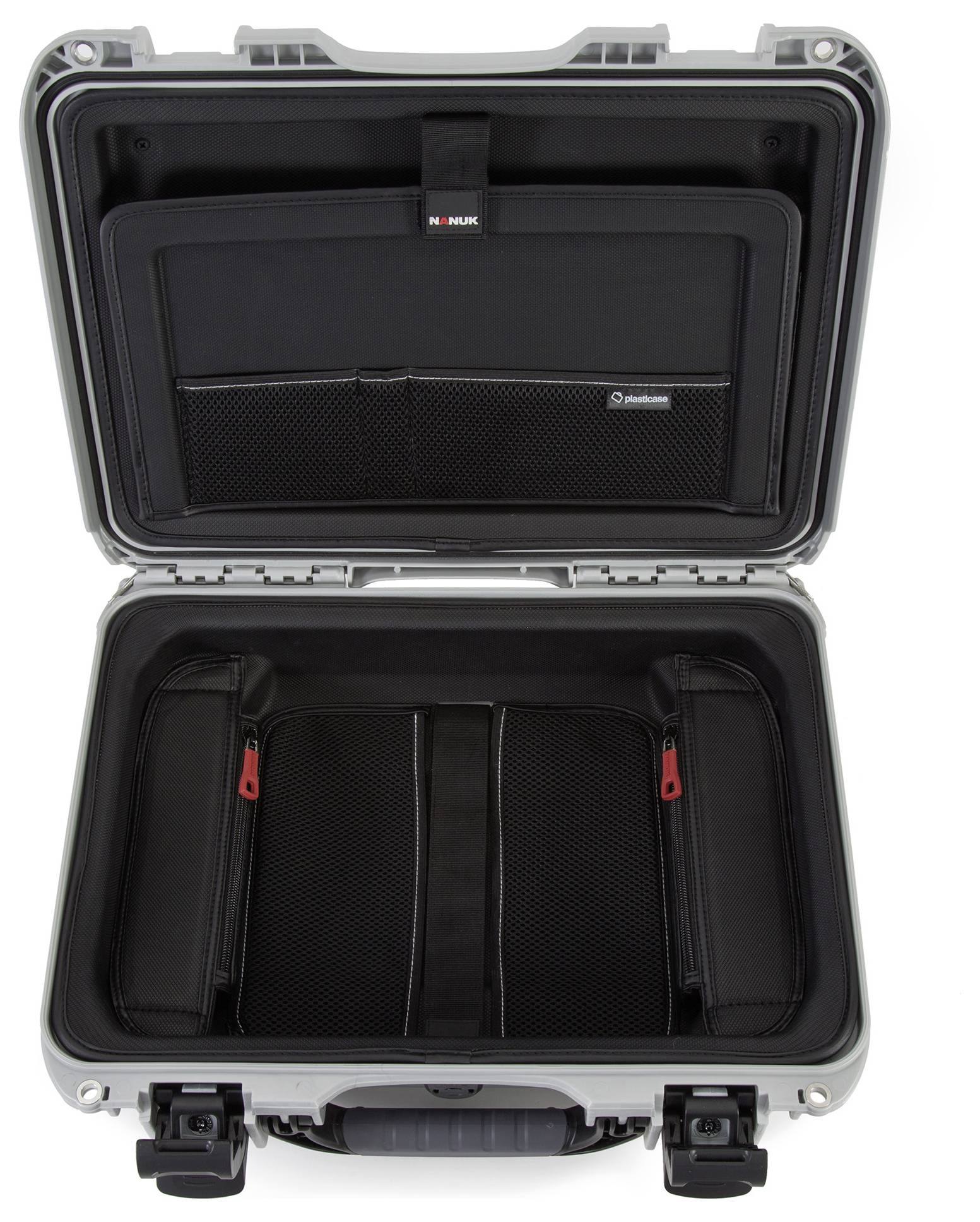 Offener, schwarzer Hartschalenkoffer mit Fächern und Taschen. Geeignet für den sicheren Transport von empfindlichen Gegenständen.