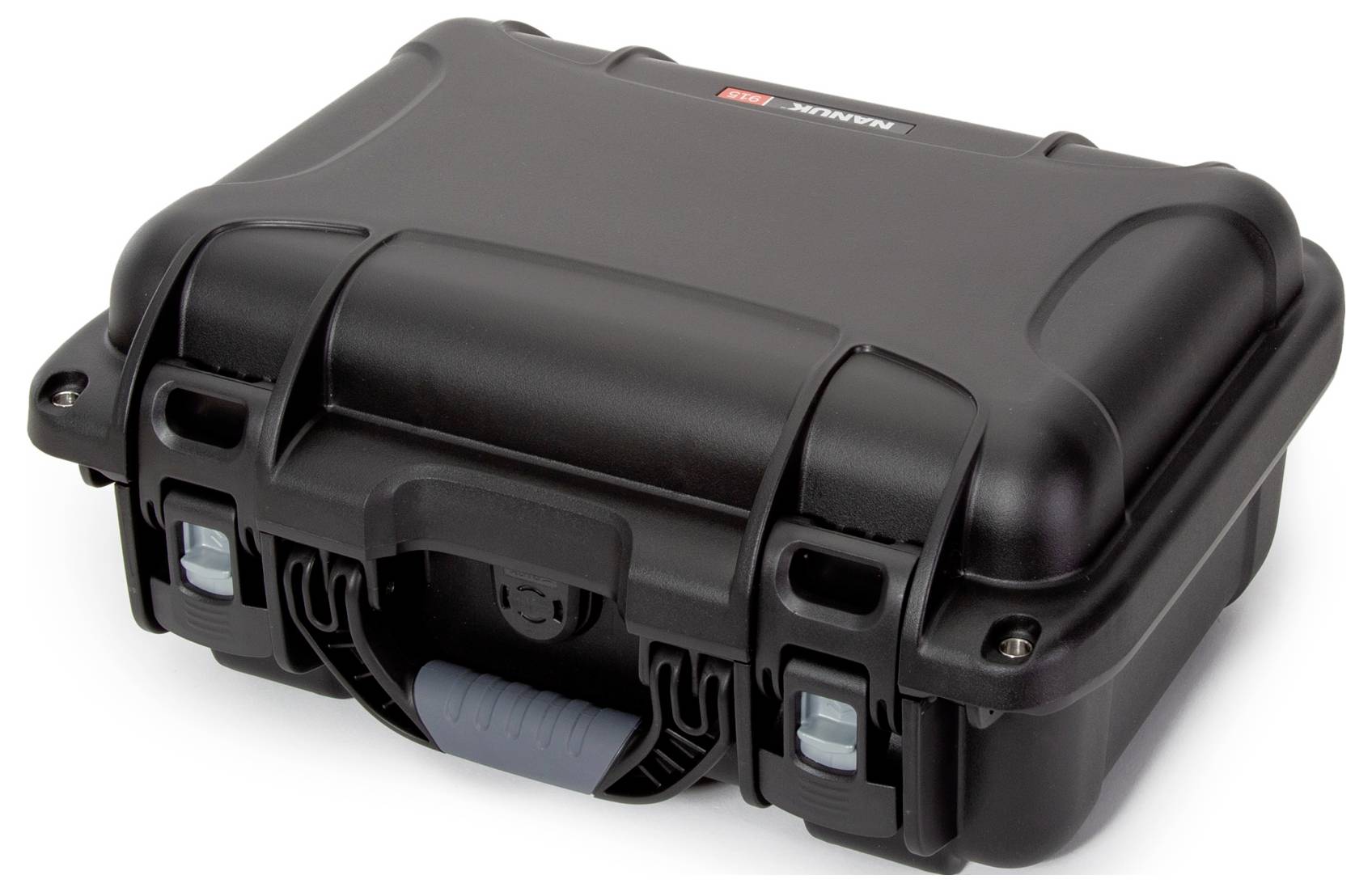 Schwarzer, robuster Hartschalenkoffer mit zwei Schnallen und einem ergonomischen Griff, geeignet für sicheren Transport empfindlicher Gegenstände.