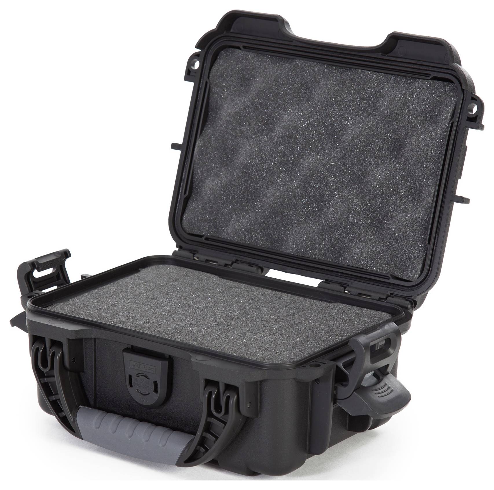 Schwarzer, geöffneter Hartschalenkoffer mit Schaumstoffauskleidung, geeignet zum Schutz empfindlicher Geräte.