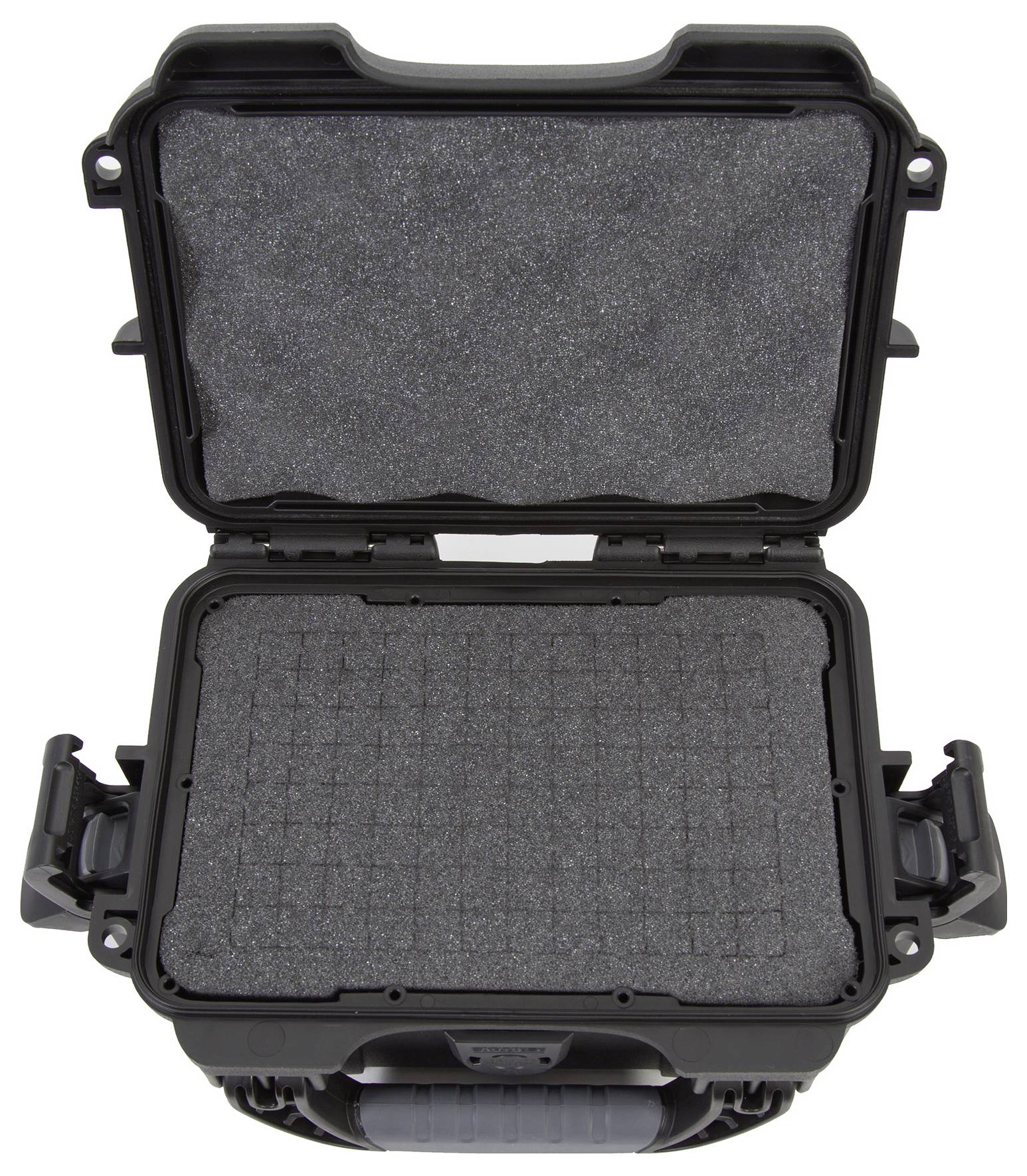 Offener schwarzer Hartschalenkoffer mit Schaumstoffpolsterung innen, geeignet zum sicheren Transport empfindlicher Gegenstände.