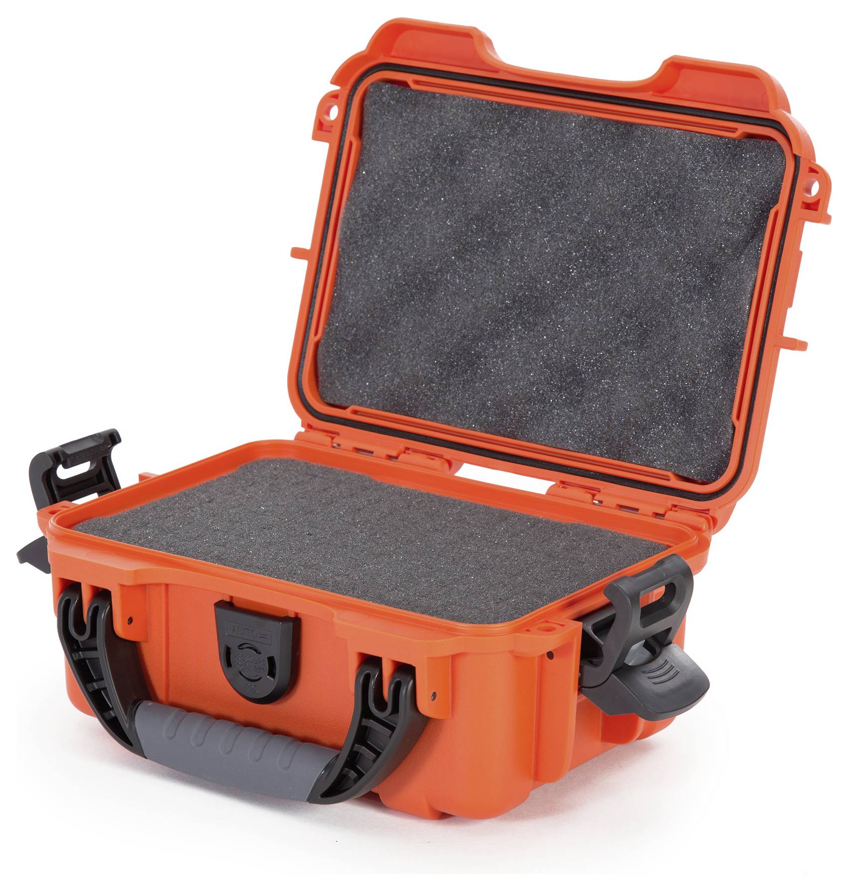 Ein leerer, offener roter Schutzkoffer. Das Innere ist mit schwarzem Schaumstoff ausgekleidet, geeignet für sichere Aufbewahrung.