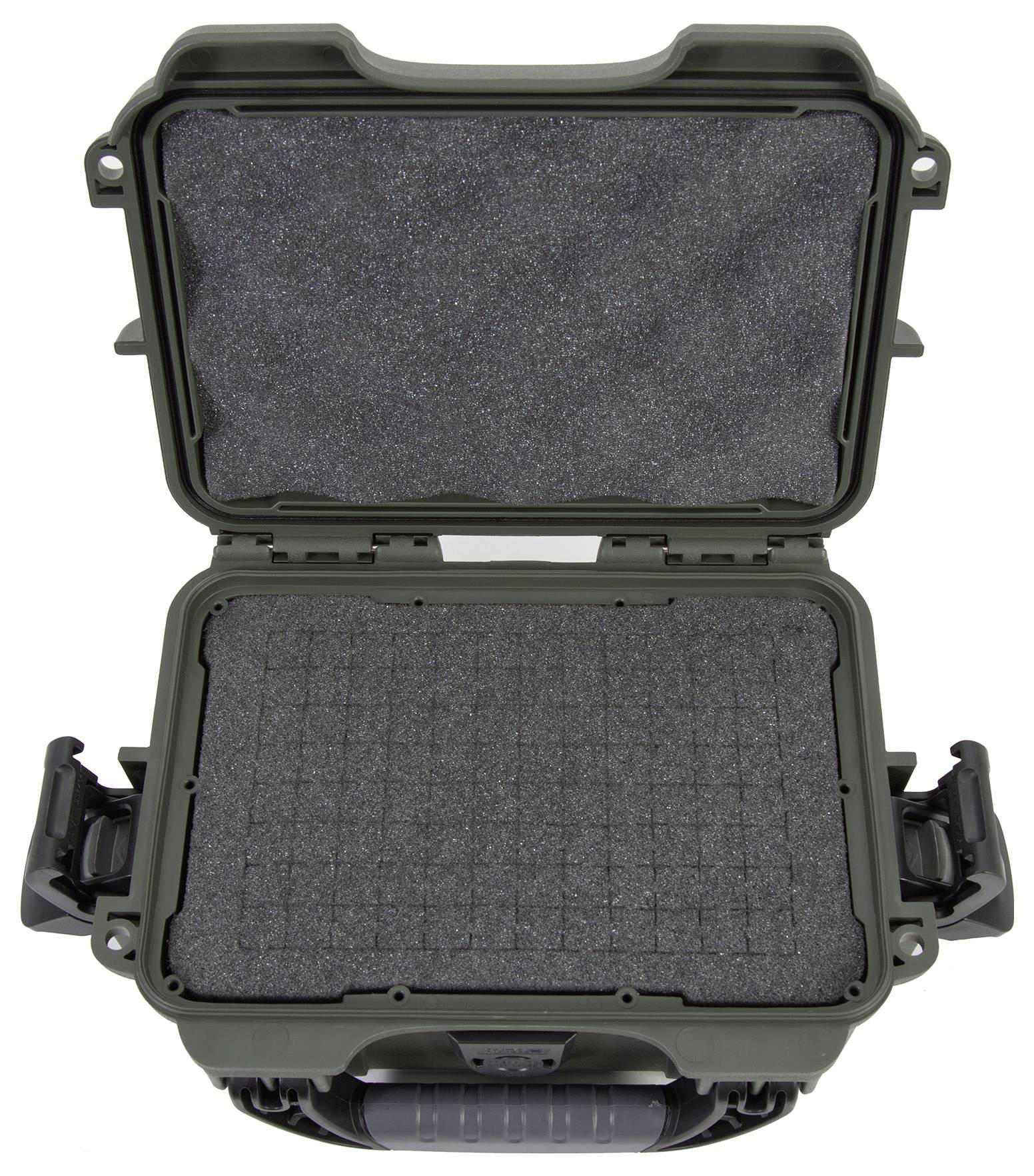 Ein offener, leerer, grüner Schutzkoffer mit Schaumstoffpolsterung.