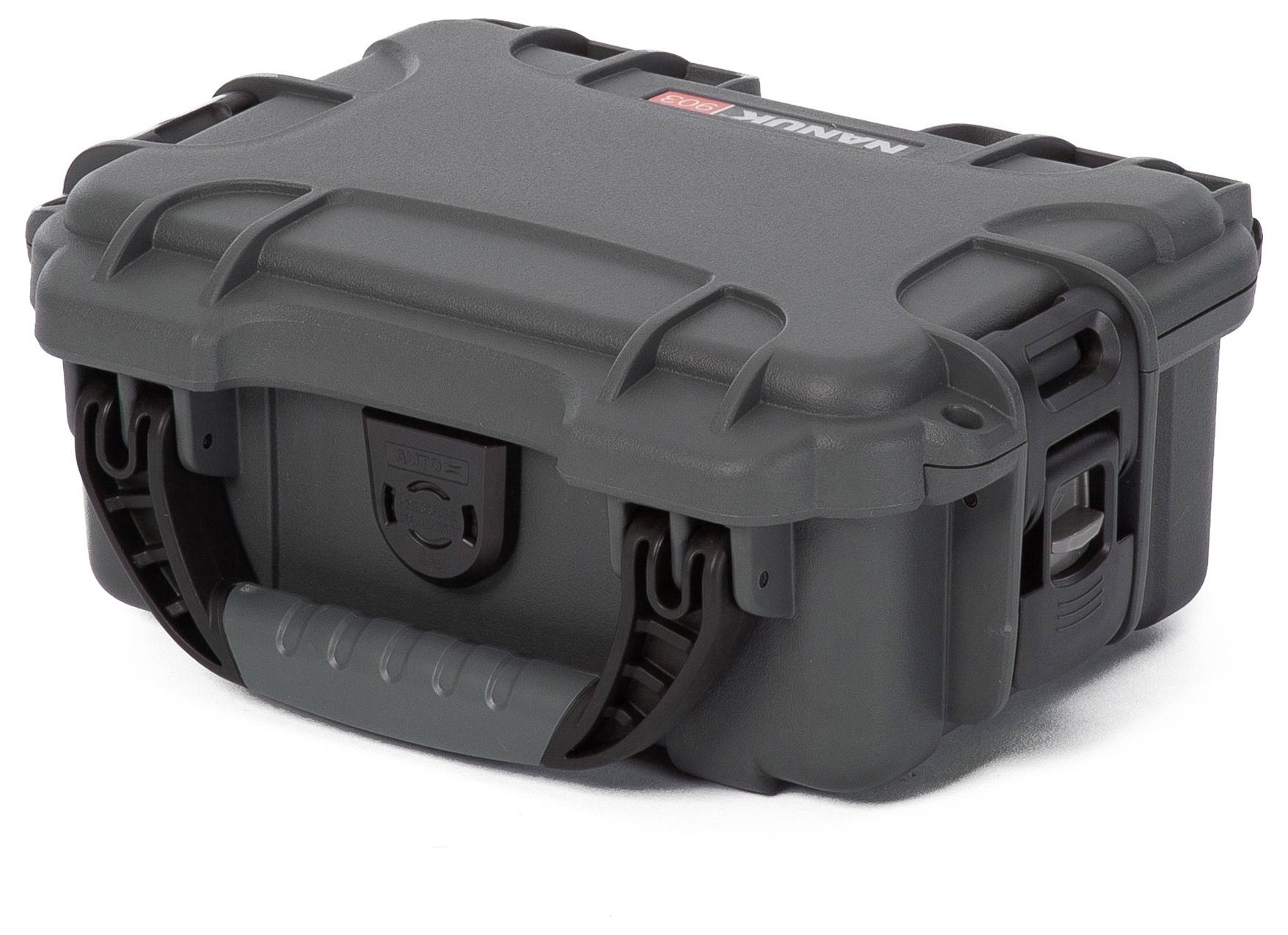 Ein robuster, grauer Hartschalenkoffer mit Griff, geeignet für den sicheren Transport von empfindlicher Ausrüstung.