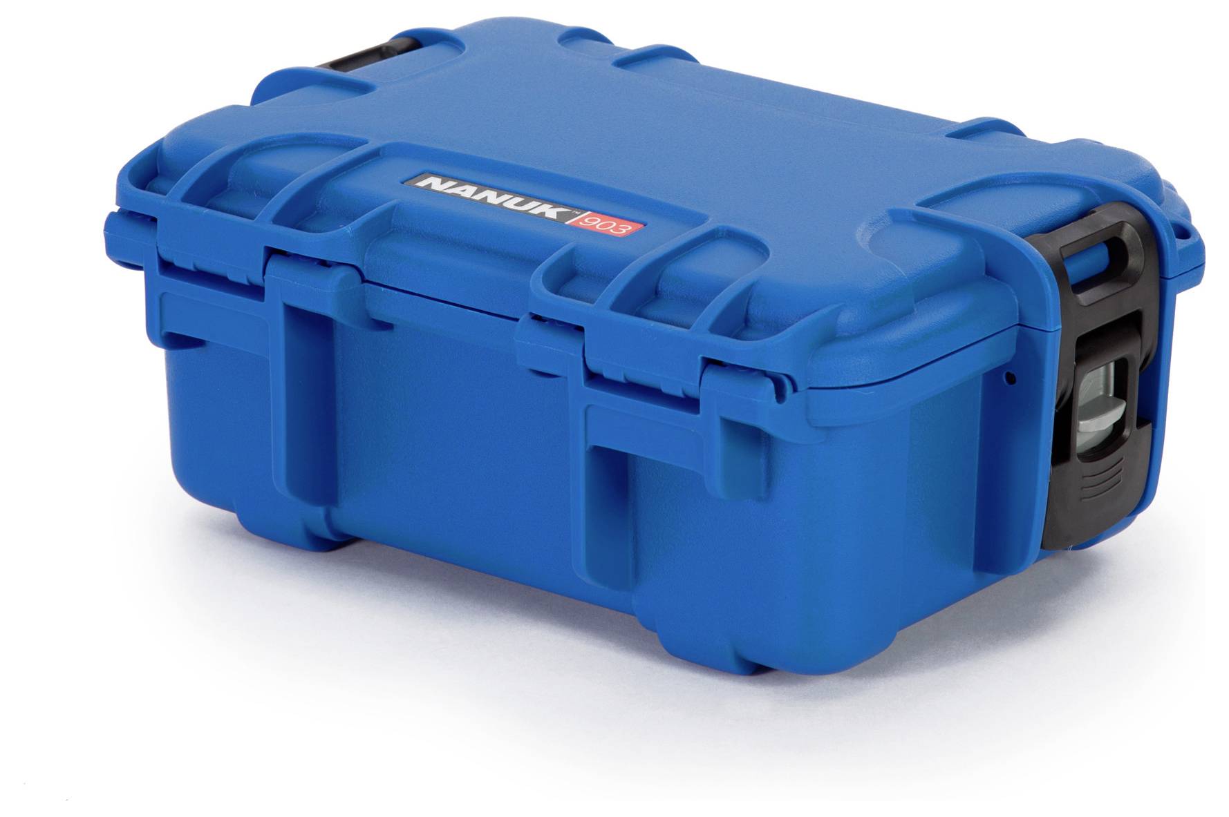 Ein blauer, robuster Schutzkoffer mit schwarzem Verschlusshebel. Geeignet für den sicheren Transport empfindlicher Gegenstände.