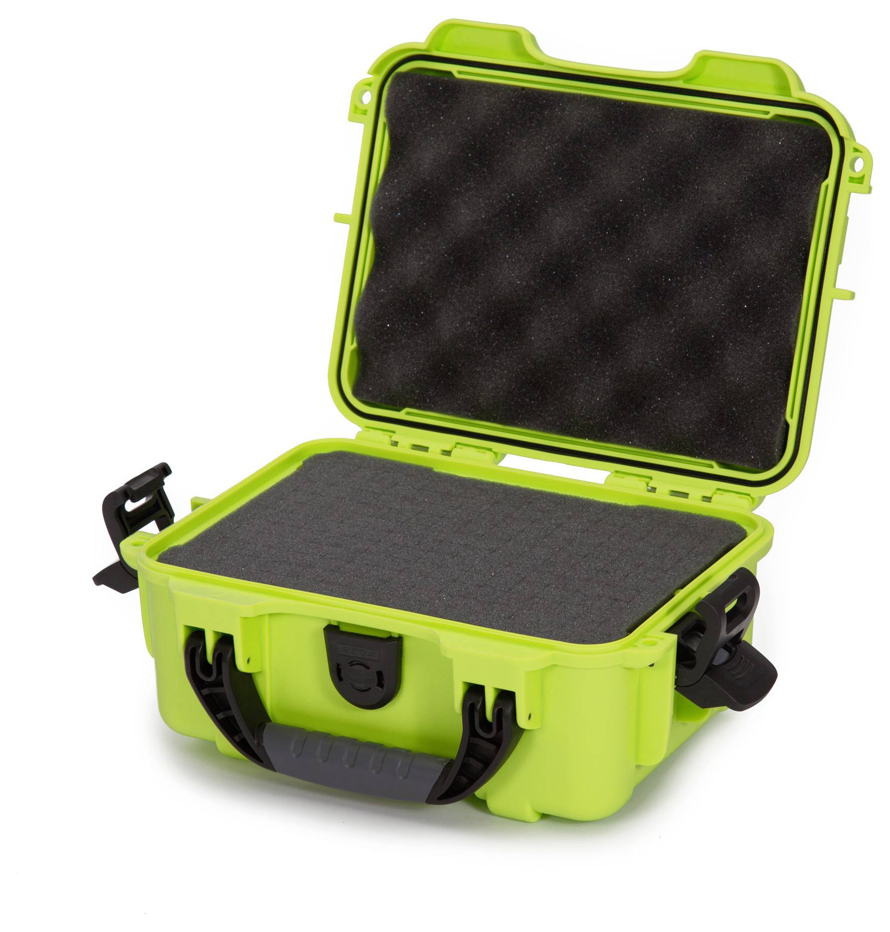Helle grüne Schutzhülle offen, zeigt schwarzen Schaumstoff. Geeignet für sichere Aufbewahrung empfindlicher Gegenstände.