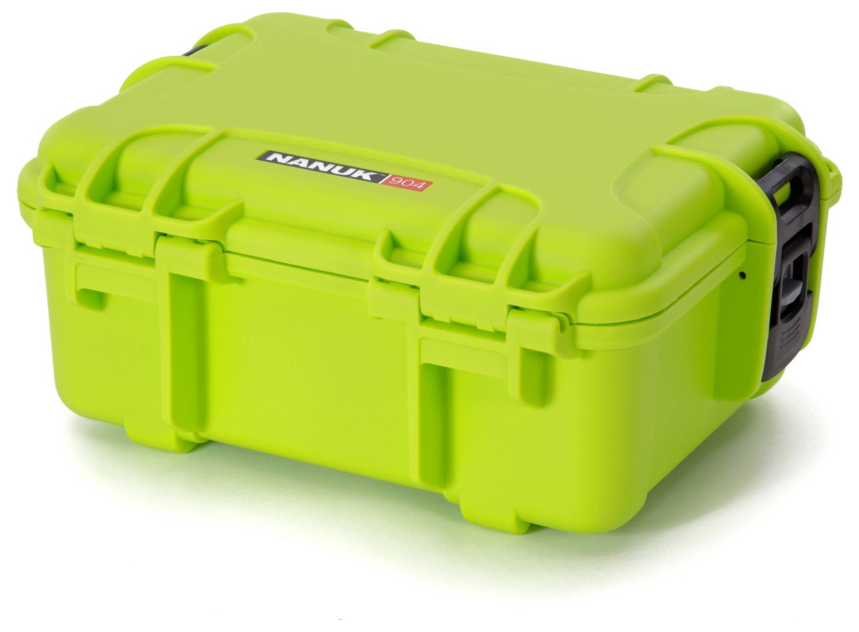 Ein leuchtend grüner, robuster Koffer mit schwarzen Verschlüssen und Griff, geeignet für Schutz und Transport von empfindlichen Gegenständen.