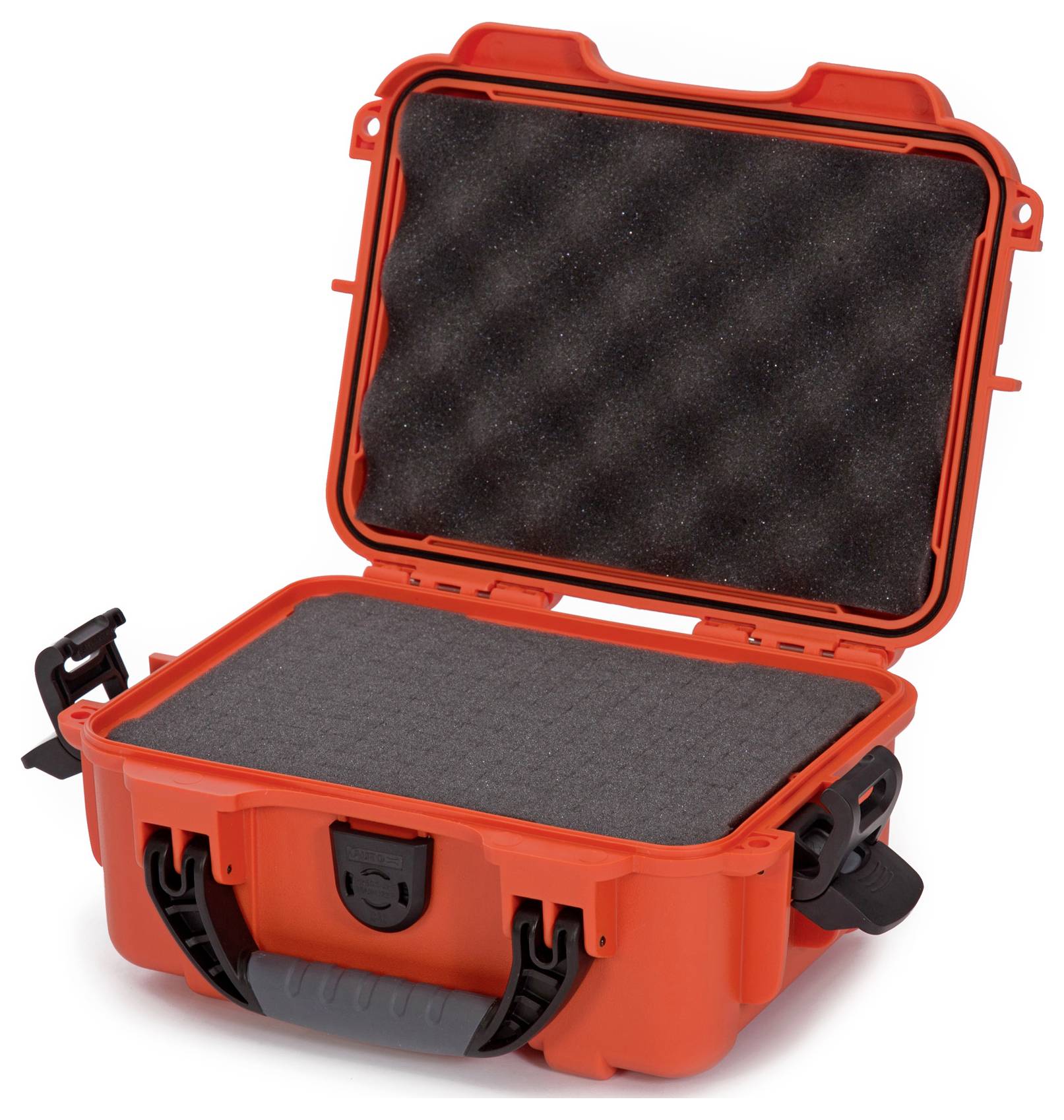 Ein offener, robuster, roter Schutzkoffer mit Schaumstoffpolsterung innen, geeignet für den sicheren Transport empfindlicher Gegenstände.