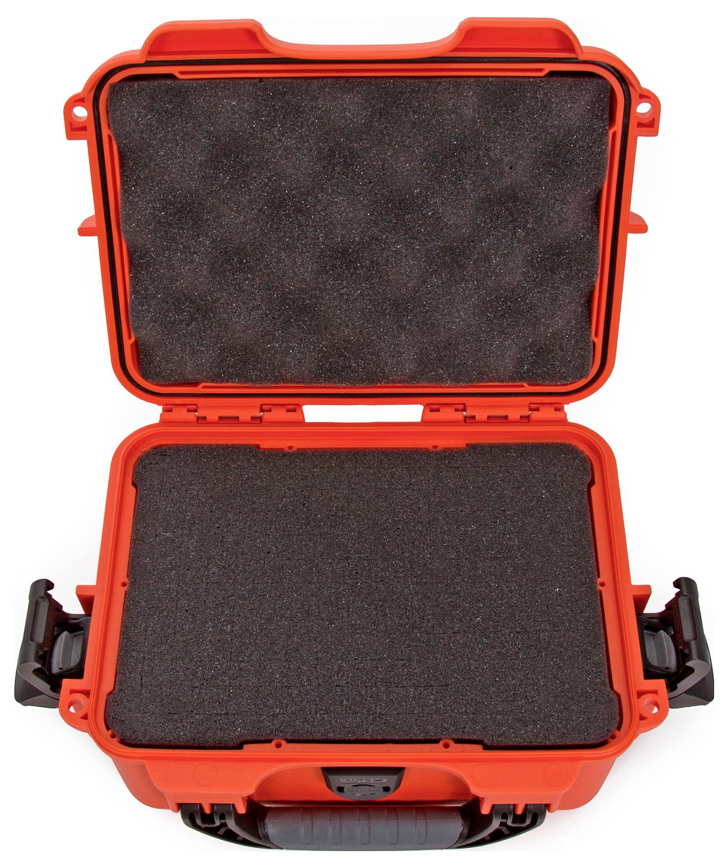 Ein roter, geöffneter Hartschalenkoffer mit schwarzem Schaumstoffpolsterung innen, geeignet zum sicheren Transport empfindlicher Gegenstände.