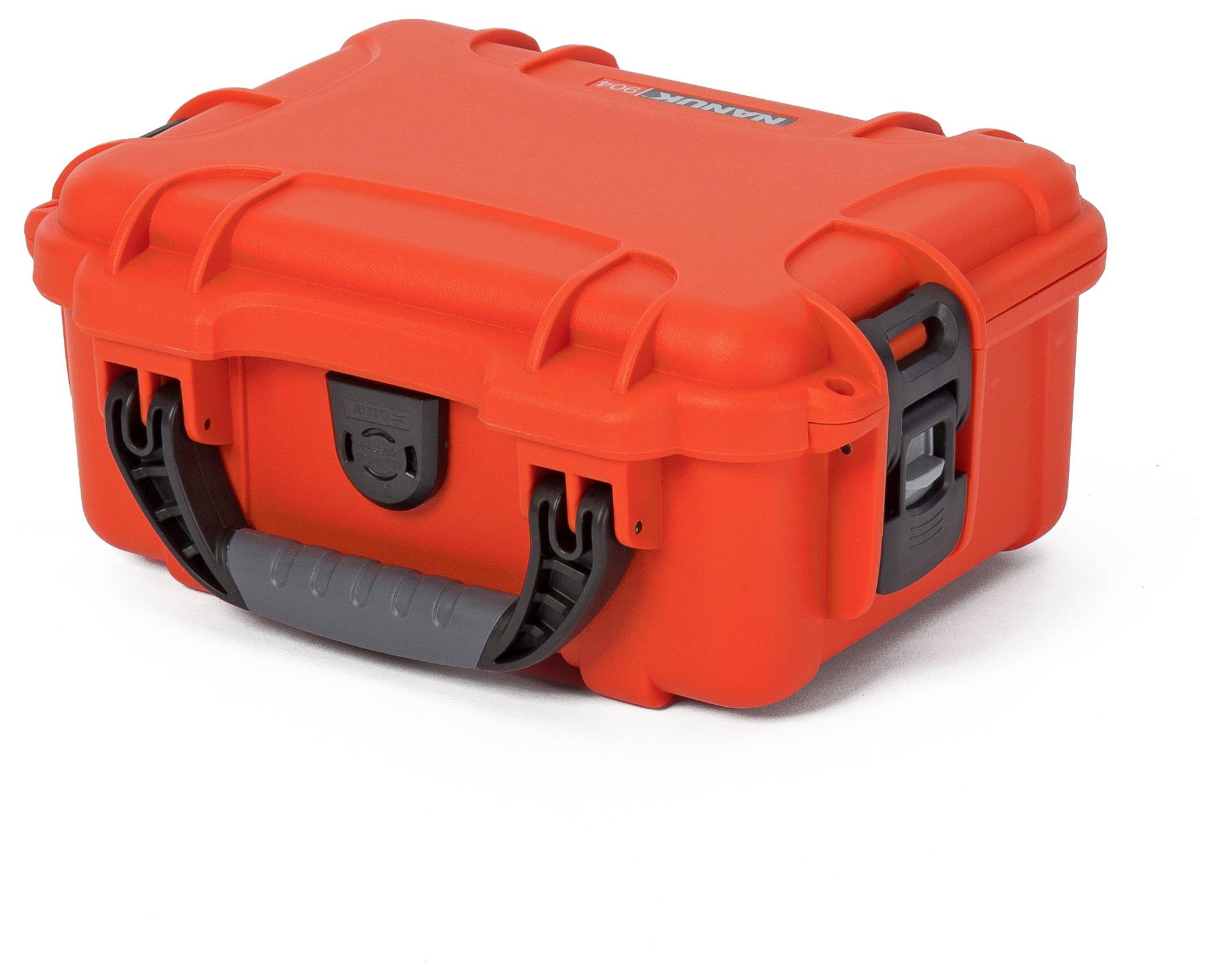 Ein leuchtend orangener, robuster Kunststoffkoffer mit Griffen und Verschlüssen. Ideal für den sicheren Transport empfindlicher Gegenstände.