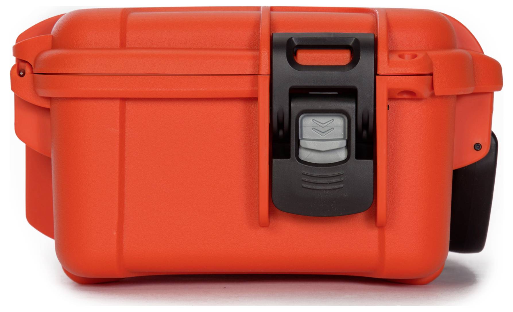 Rote, robuste Transportbox mit schwarzem Verschluss.