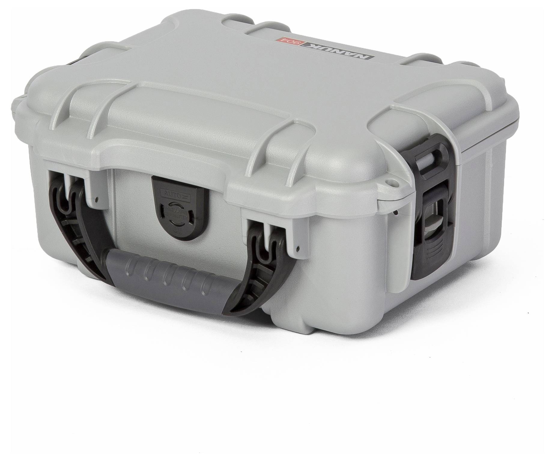 Grauer, robuster Koffer mit schwarzem Griff und Verschlüssen, geeignet für den Transport von empfindlichen Geräten oder Ausrüstungen.