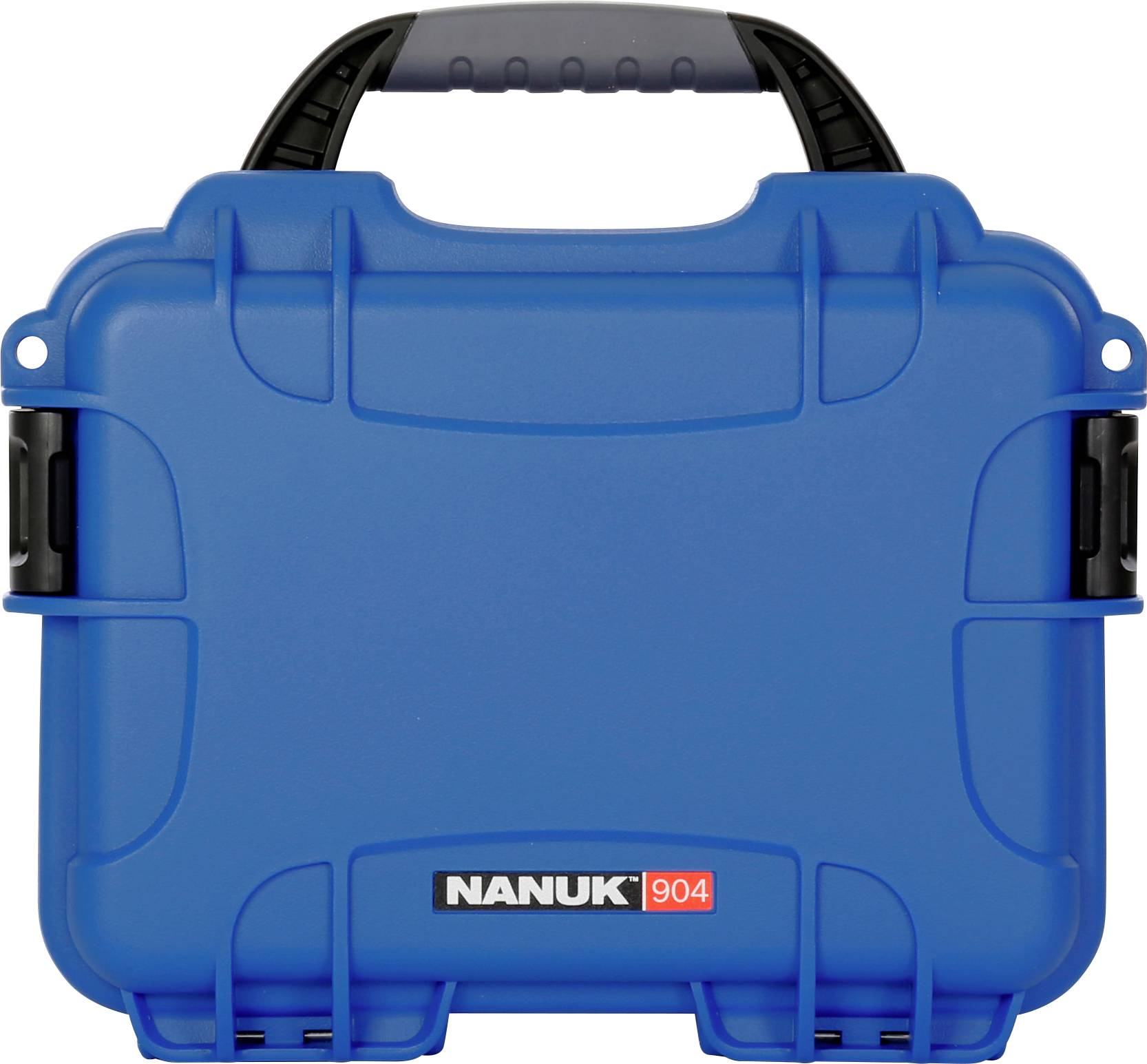 Ein blauer Kunststoffkoffer der Marke NANUK 904 mit schwarzem Griff und Verschlüssen.
