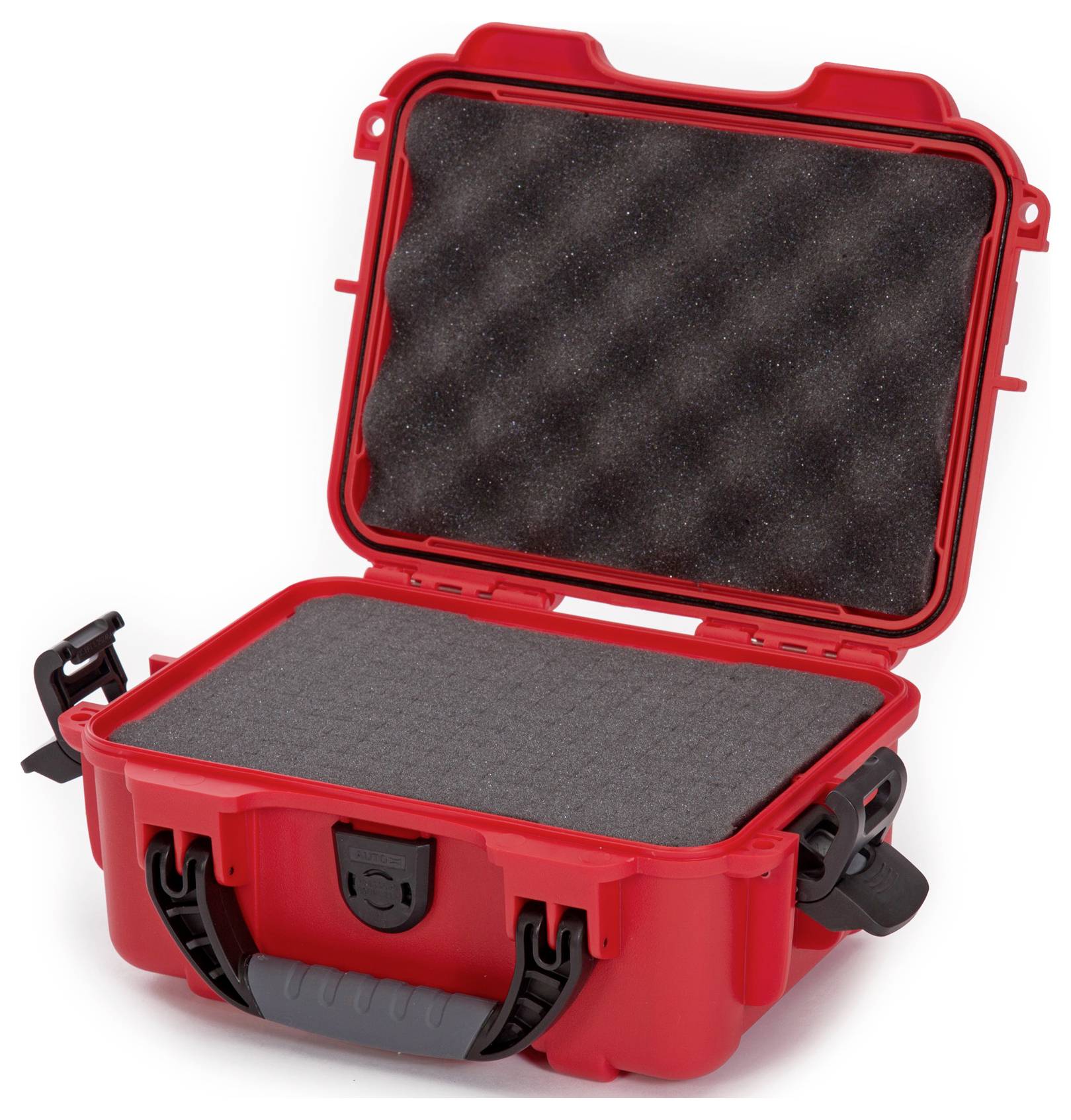 Roter, offener Schutzkoffer mit Schaumstoffpolsterung innen. Geeignet zum sicheren Transport empfindlicher Gegenstände.