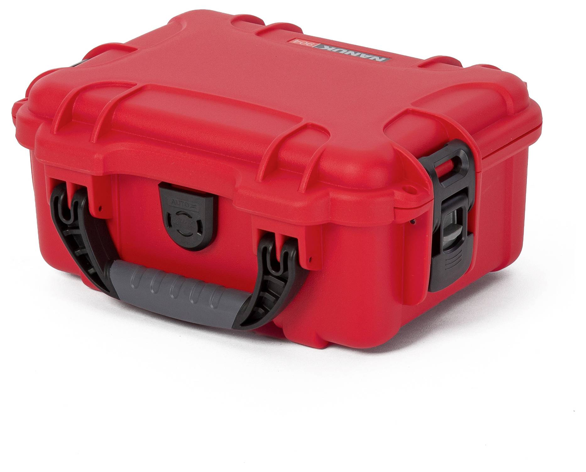 Roter, robuster Schutzkoffer mit schwarzem Griff und Verschlüssen. Ideal für sichere Aufbewahrung empfindlicher Geräte.