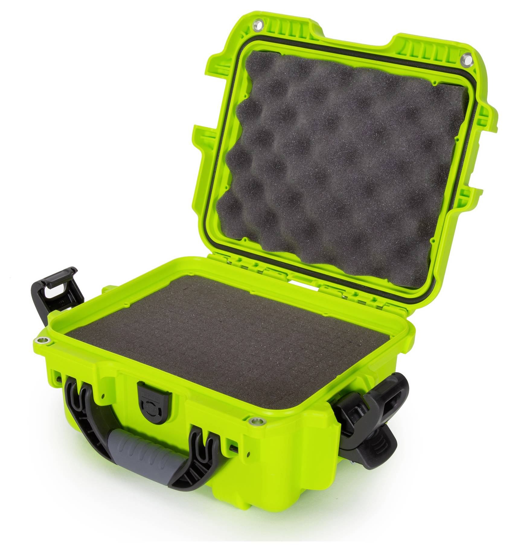 Grüner, offener Schutzkoffer mit Schaumstoffauskleidung, geeignet für den sicheren Transport empfindlicher elektronischer Geräte.