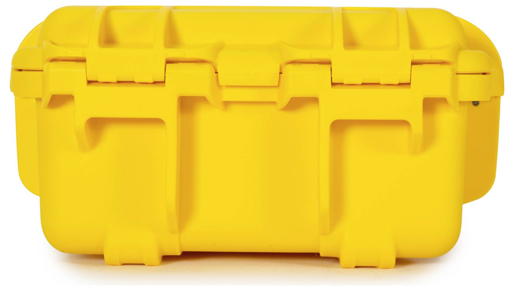 Gelber Schutzkoffer mit stabilen Verschlüssen und verstärkten Ecken, ideal zum sicheren Transport sensibler Ausrüstung.