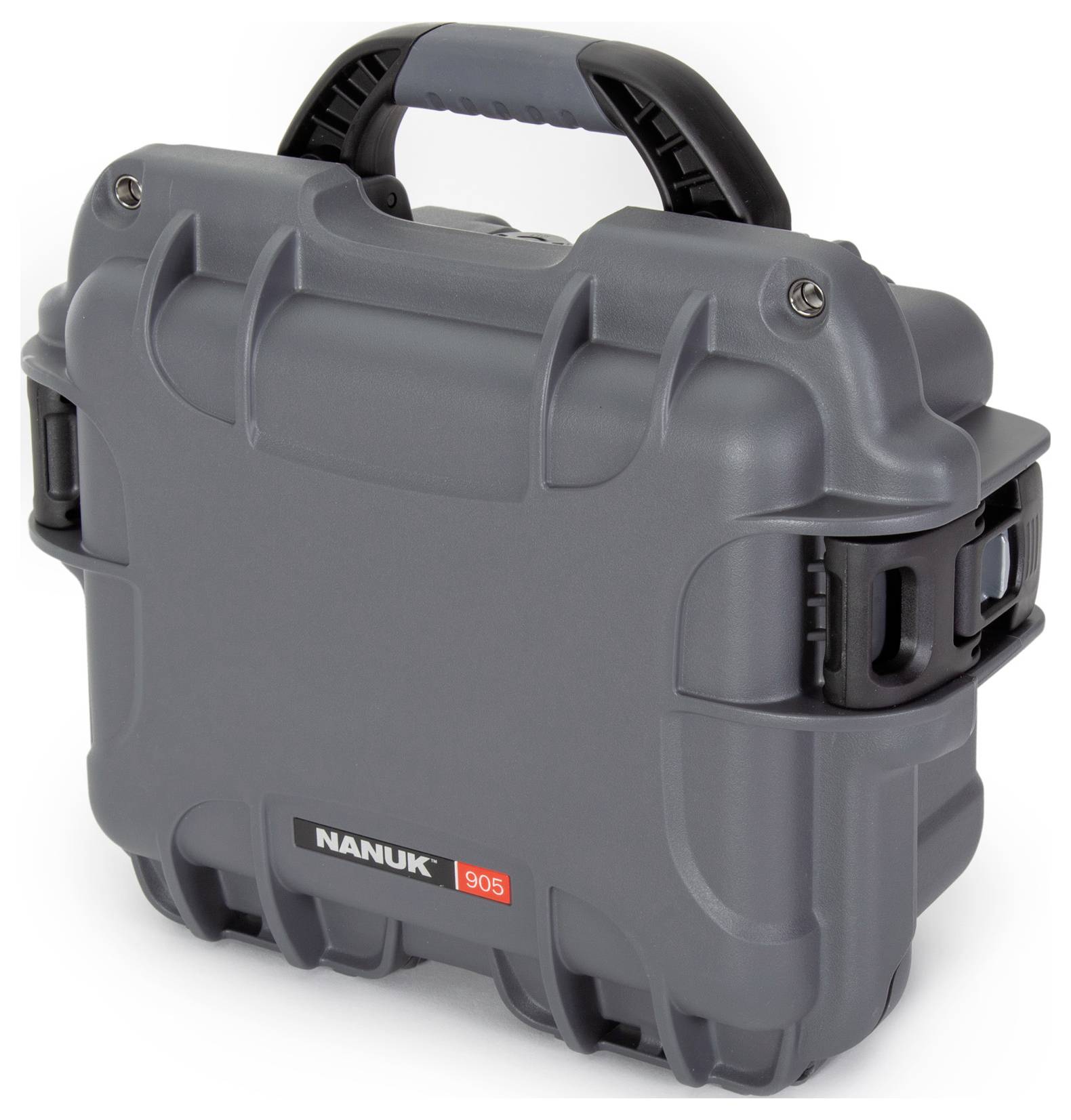 Ein robuster, grauer Nanuk 905 Koffer mit Griff, geeignet für den sicheren Transport empfindlicher Ausrüstung oder Gegenstände.
