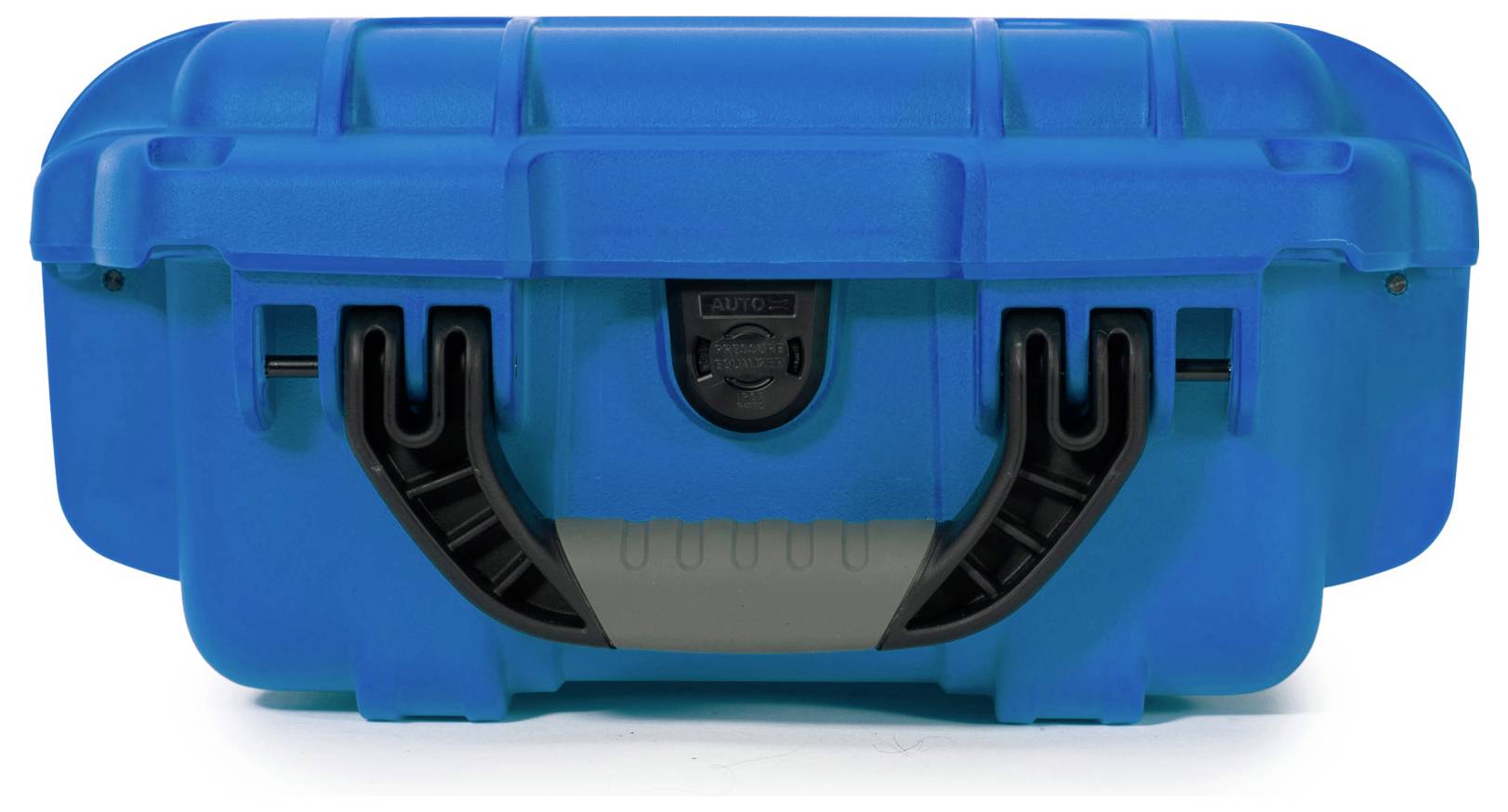 Blauer, robuster Transportkoffer mit schwarzem Griff und Verschluss in der Mitte. Entworfen für sicheren Schutz von empfindlichen Gegenständen.