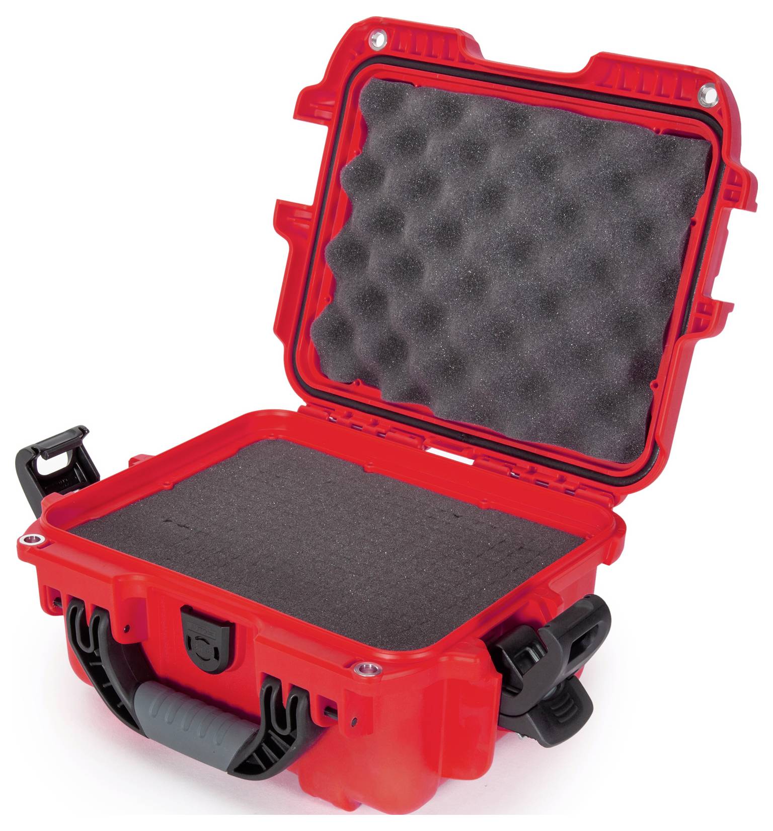 Roter, offener Schutzkoffer mit Schaumstoffpolsterung innen. Geeignet zum sicheren Transport empfindlicher Gegenstände.