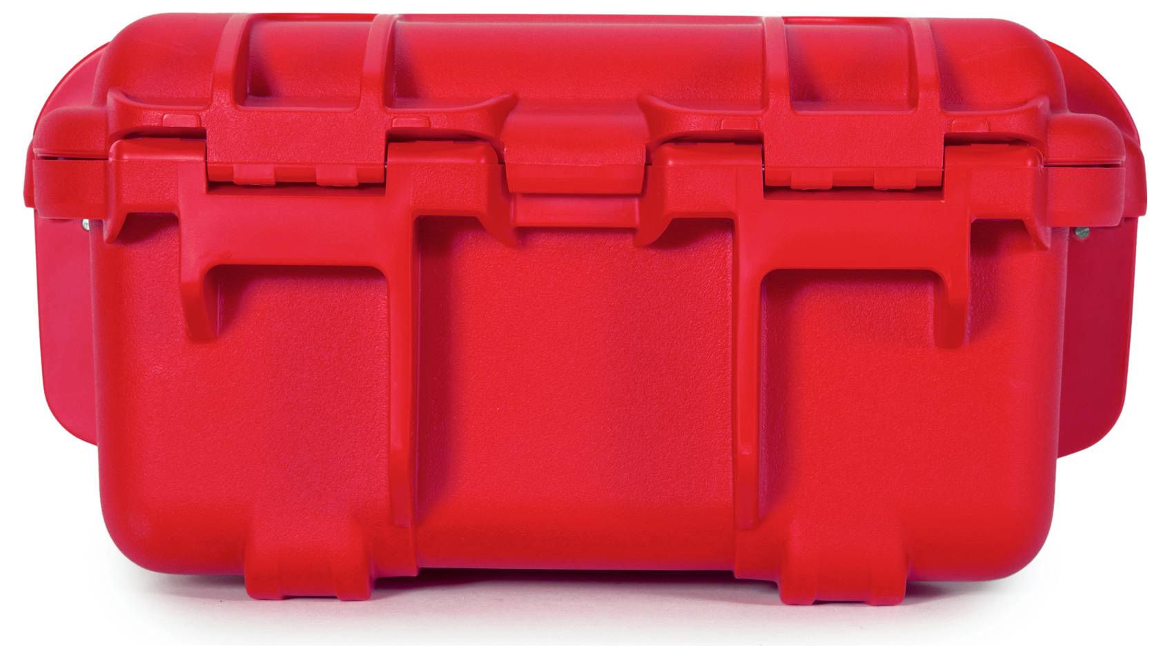 Roter, stabiler Kunststoffkoffer mit verstärkten Ecken und Schnappverschlüssen, geeignet für den Schutz empfindlicher Gegenstände.