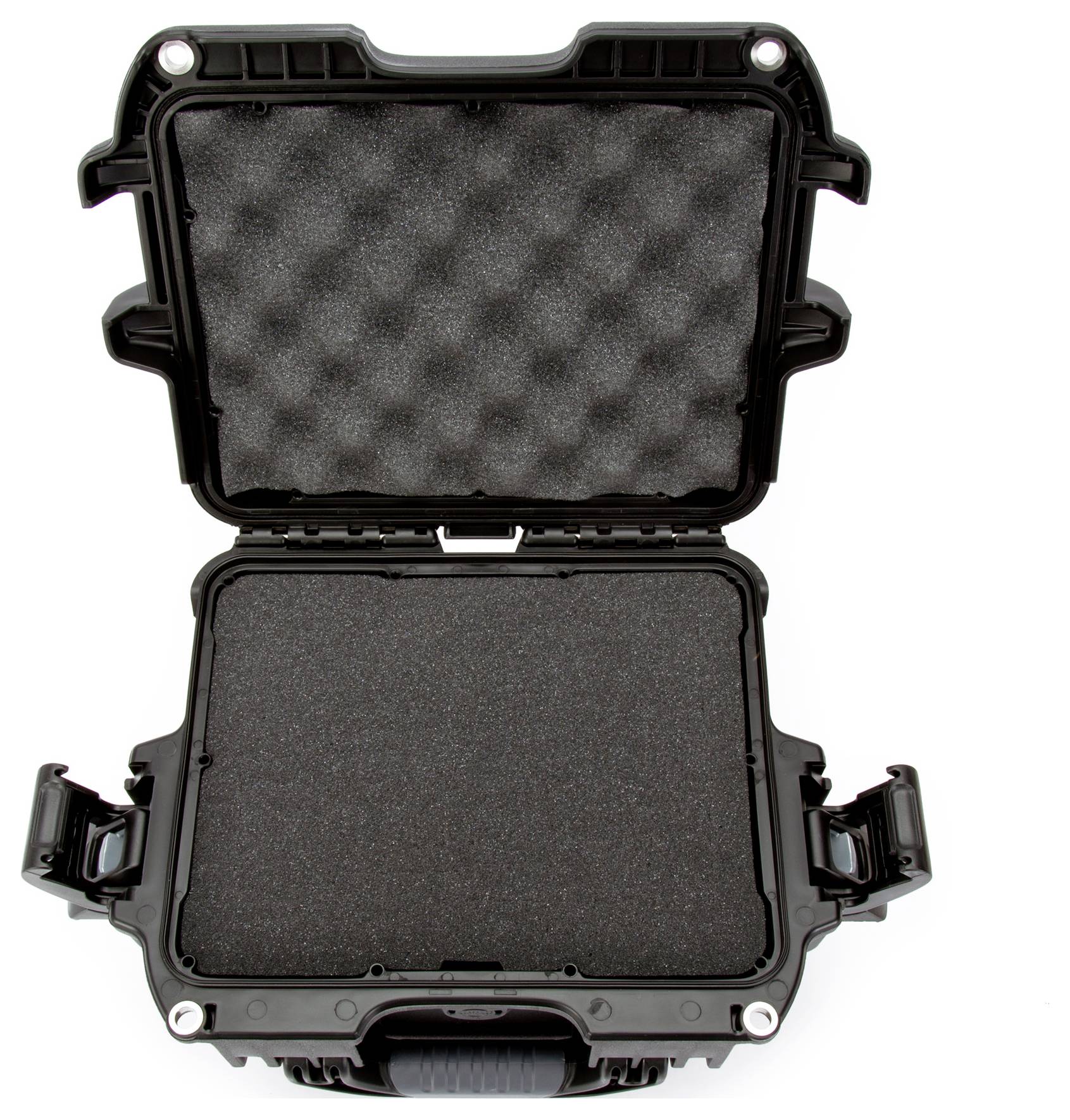 Schwarzer, offener Hartschalenkoffer mit Schaumstoffeinlage, geeignet zum Schutz und Transport empfindlicher Gegenstände.