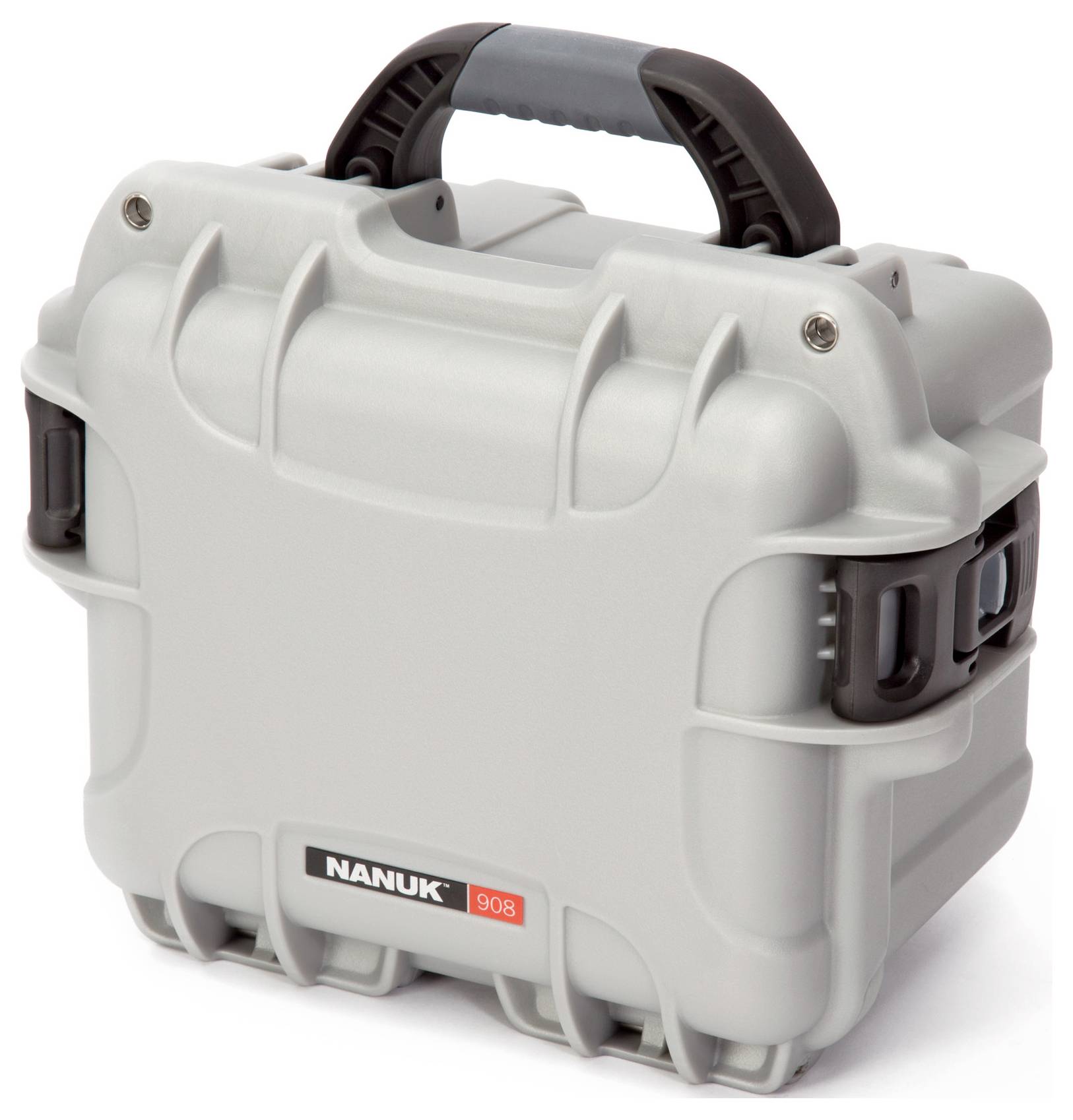 Ein grauer, robuster Transportkoffer mit schwarzem Griff und dem Aufdruck 'Nanuk 908', geeignet zum Schutz empfindlicher Ausrüstung.
