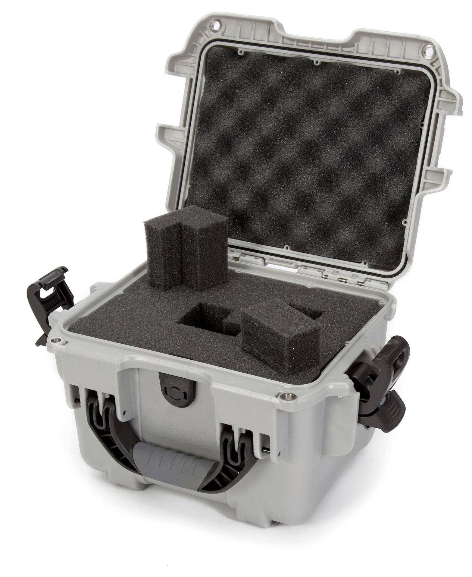Grauer, offener Schutzkoffer mit Schaumstoffeinlage, die für den sicheren Transport empfindlicher Geräte ausgelegt ist.