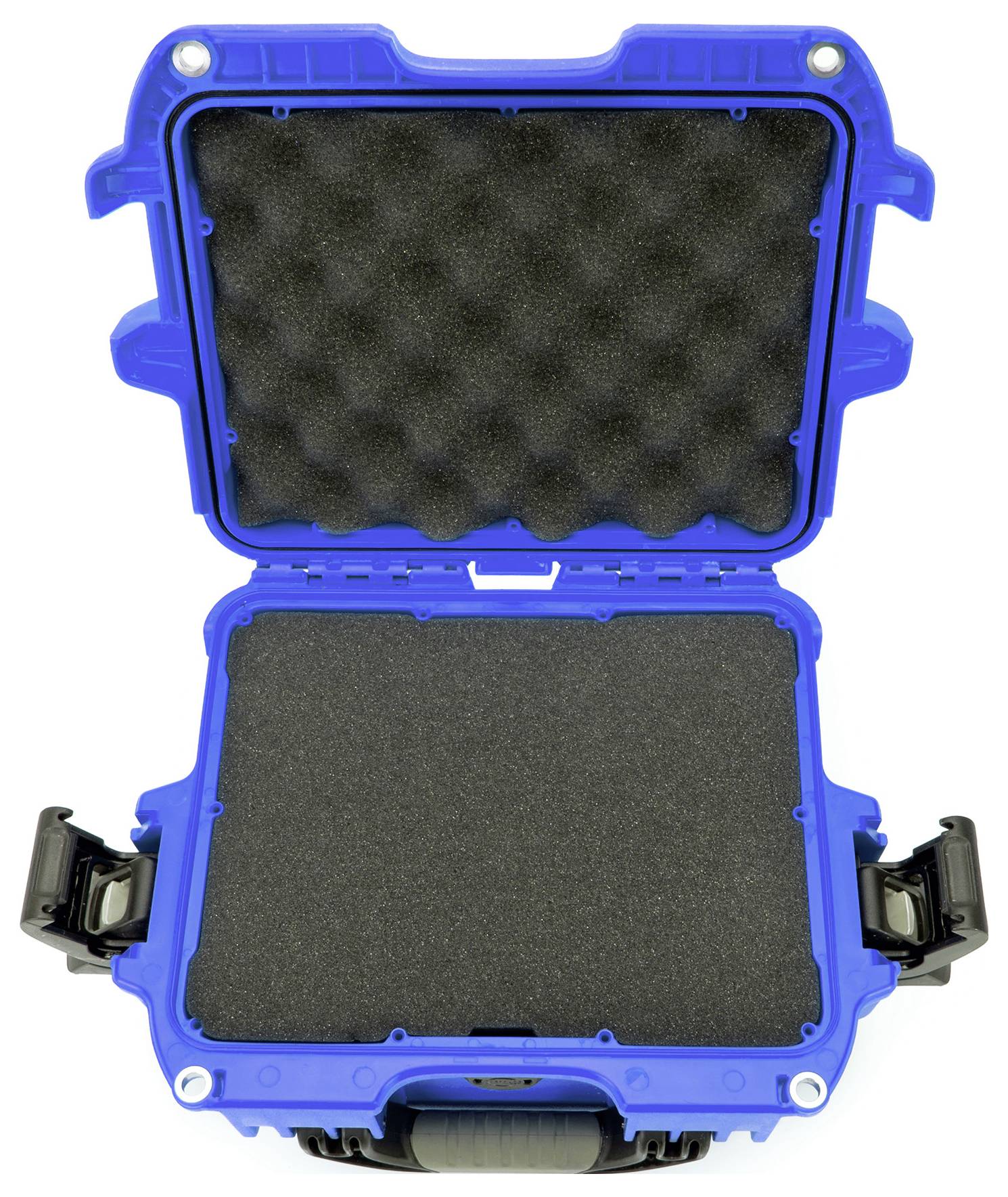 Ein blauer, offener Schutzkoffer mit schwarzer Schaumstoffpolsterung, geeignet zum sicheren Transport empfindlicher Ausrüstung.